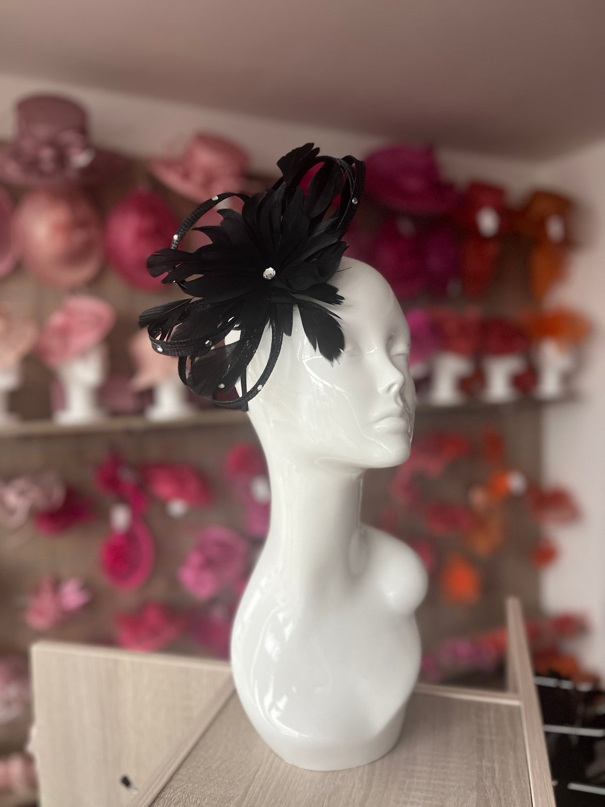 Black Fascinator With Diamanté Loops &amp; Flower-Fascinators Direct