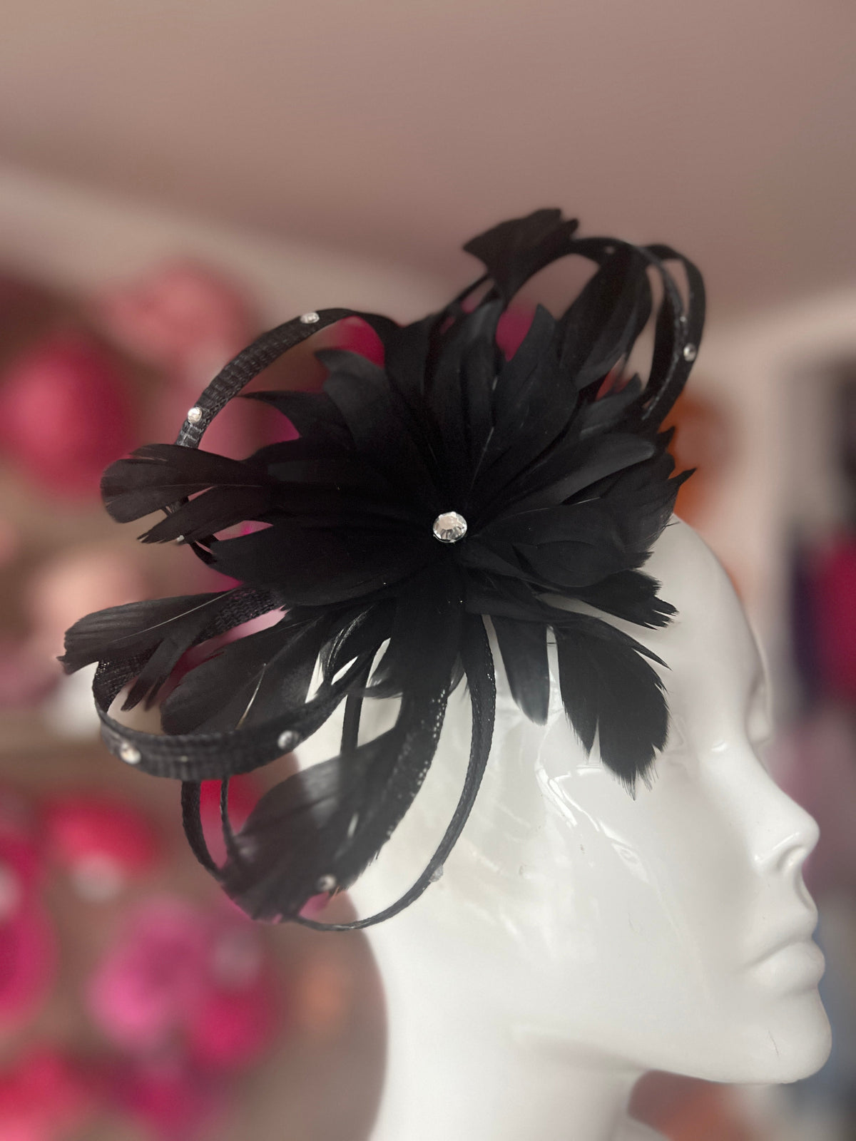 Black Fascinator With Diamanté Loops &amp; Flower-Fascinators Direct
