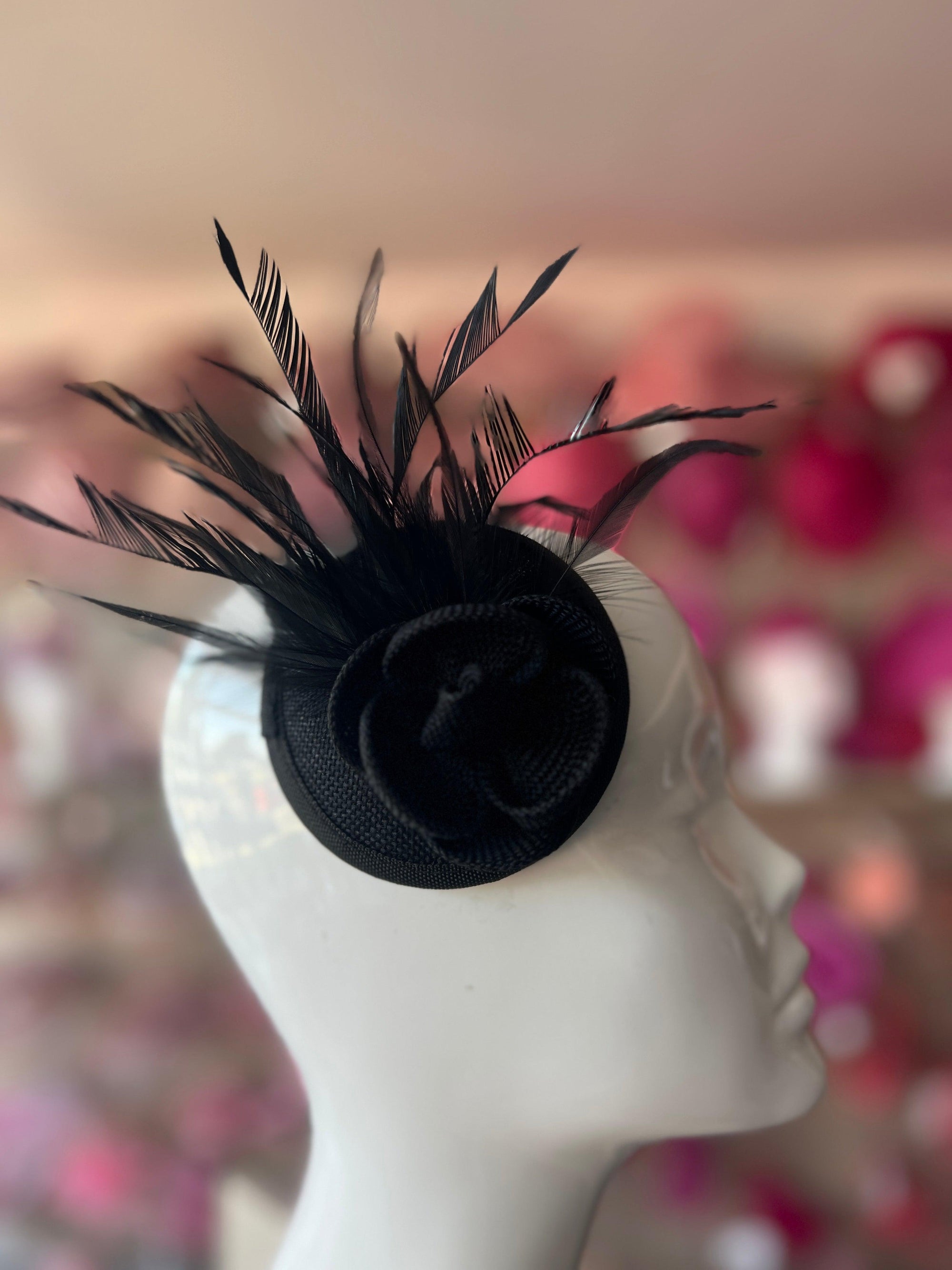 Black Fascinator with Lily Flower & Feathers-Fascinators Direct