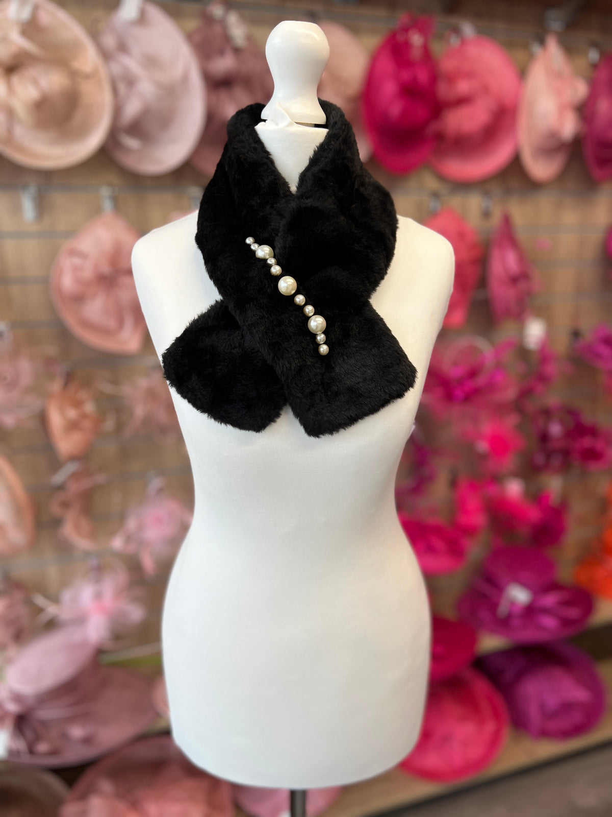 Black Faux Fur Collar Scarf With Pearl Detail-Fascinators Direct