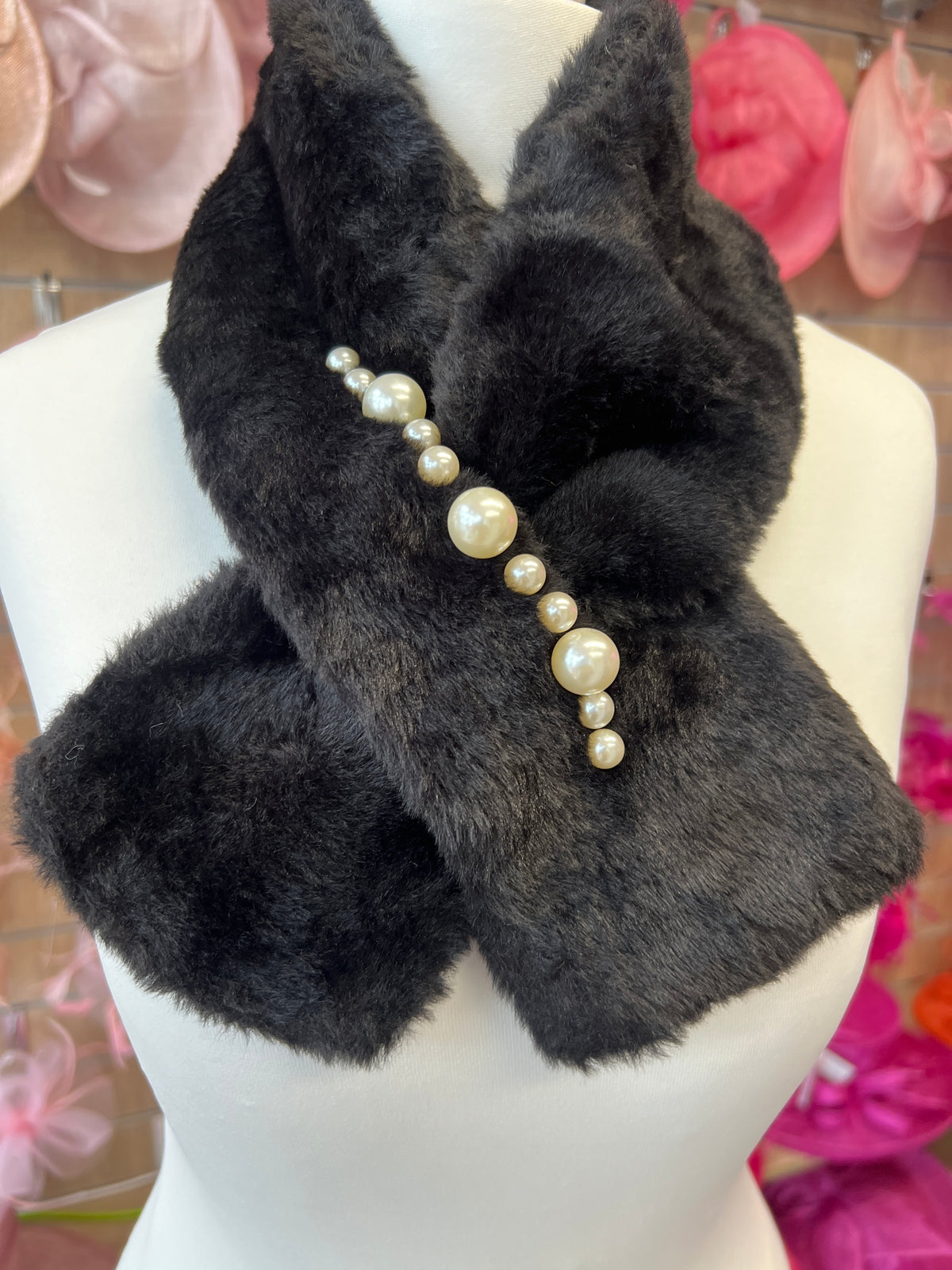 Black Faux Fur Collar Scarf With Pearl Detail-Fascinators Direct