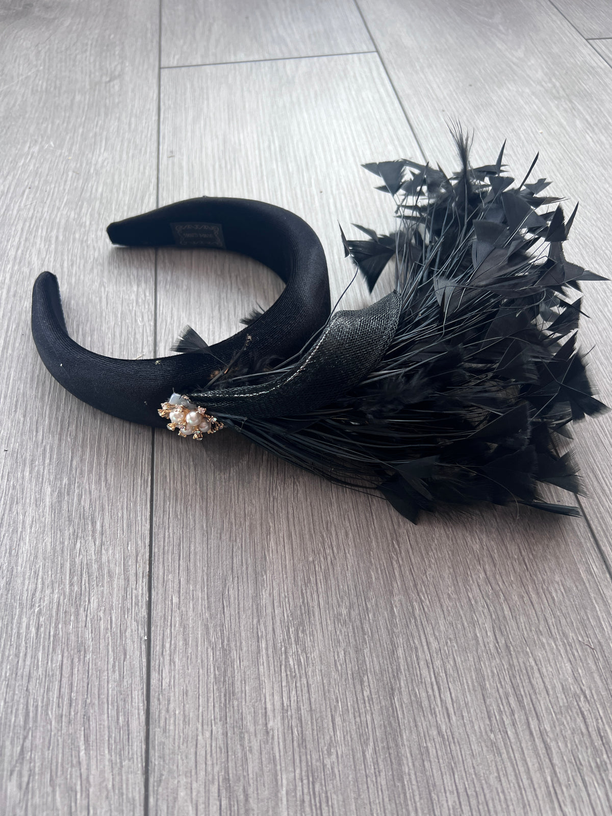 Black Feather Velvet Padded Headband Fascinator With Diamante &amp; Pearl Cluster-Fascinators Direct