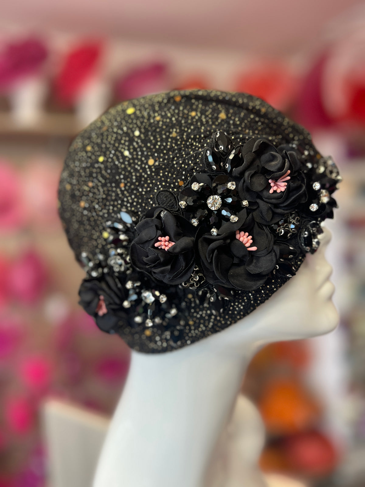 Black Floral Sequin Crystal Turban Hat-Fascinators Direct
