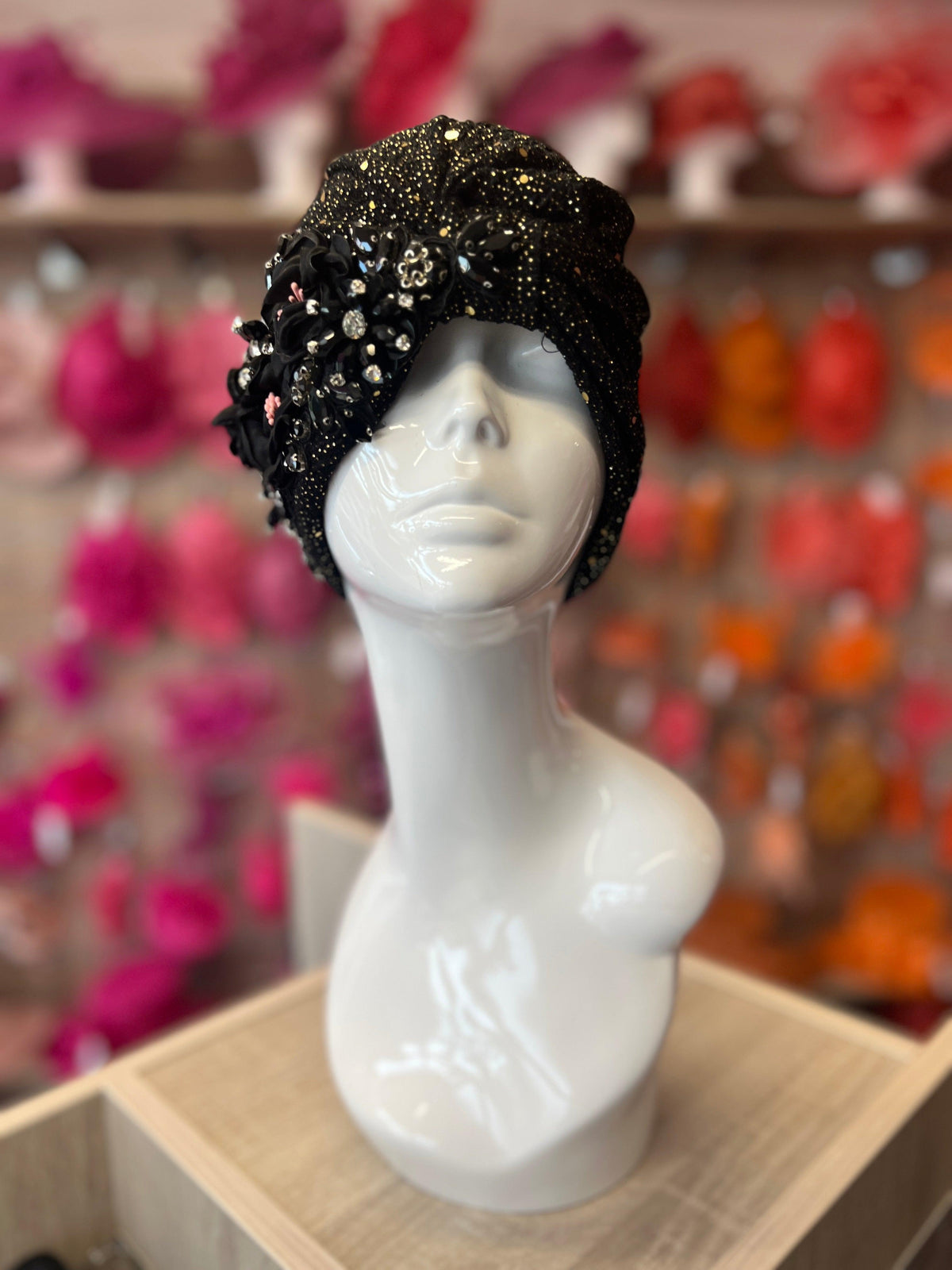 Black Floral Sequin Crystal Turban Hat-Fascinators Direct