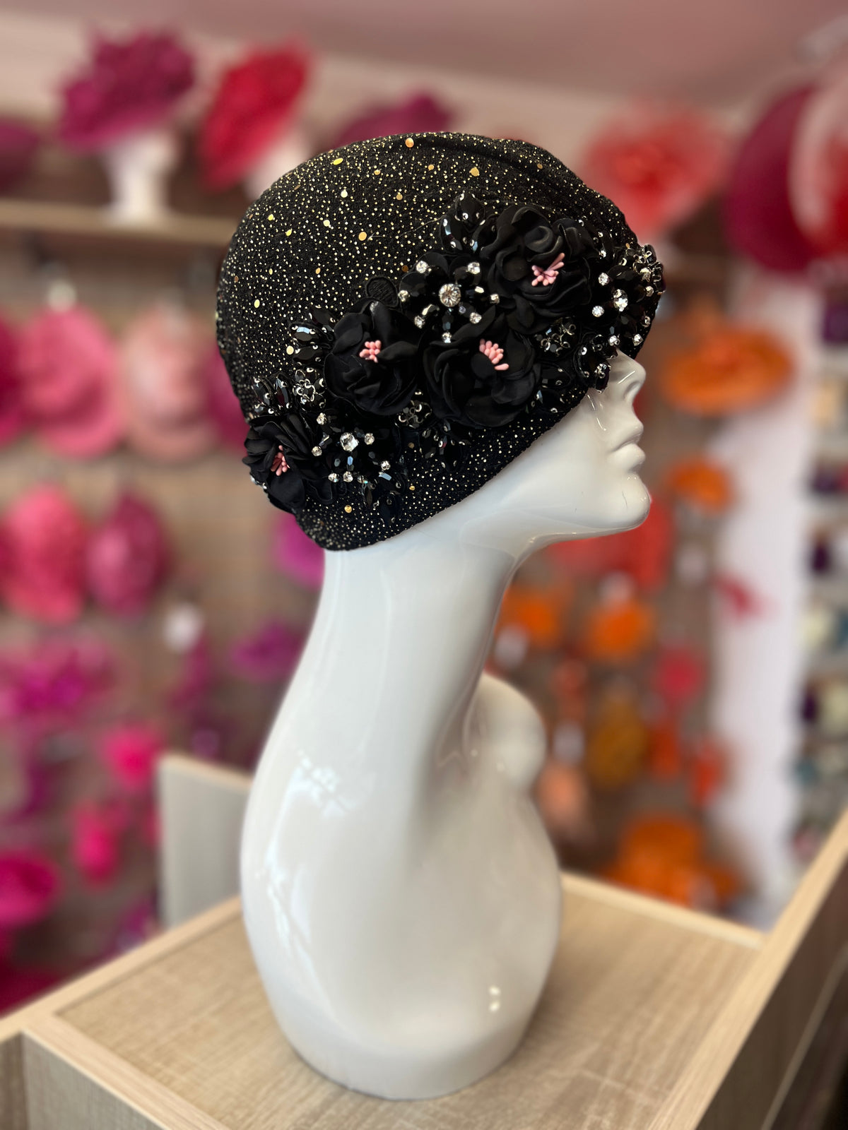 Black Floral Sequin Crystal Turban Hat-Fascinators Direct