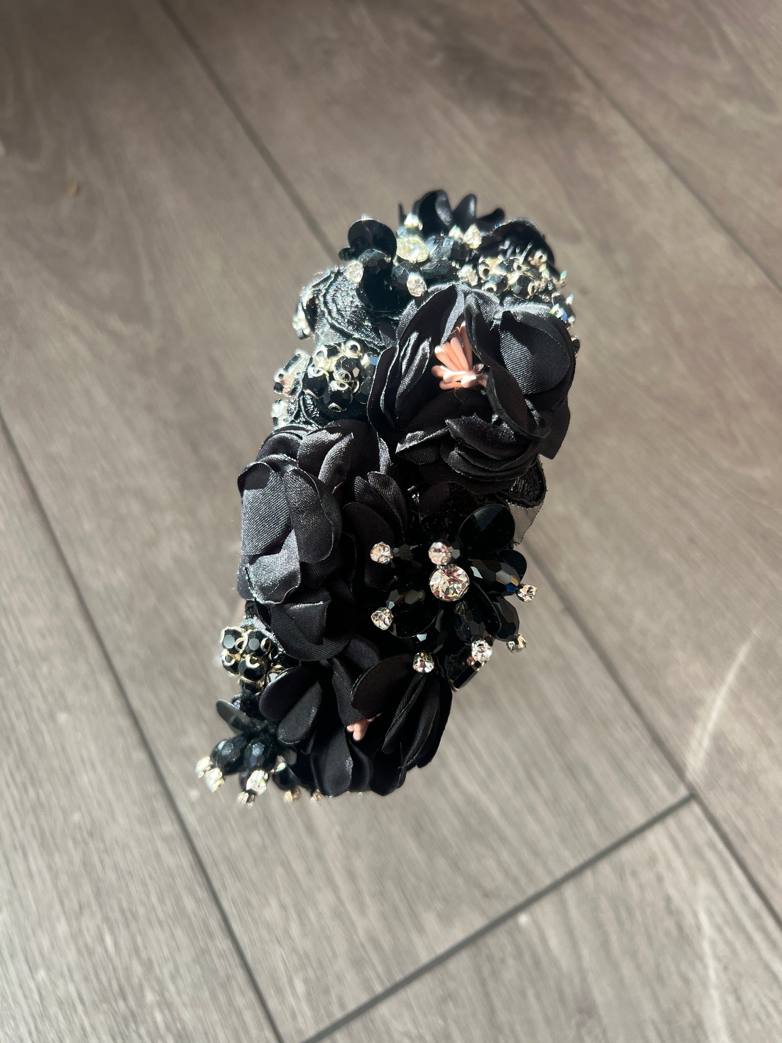 Black Flower Headband With Beads & Diamantes-Fascinators Direct