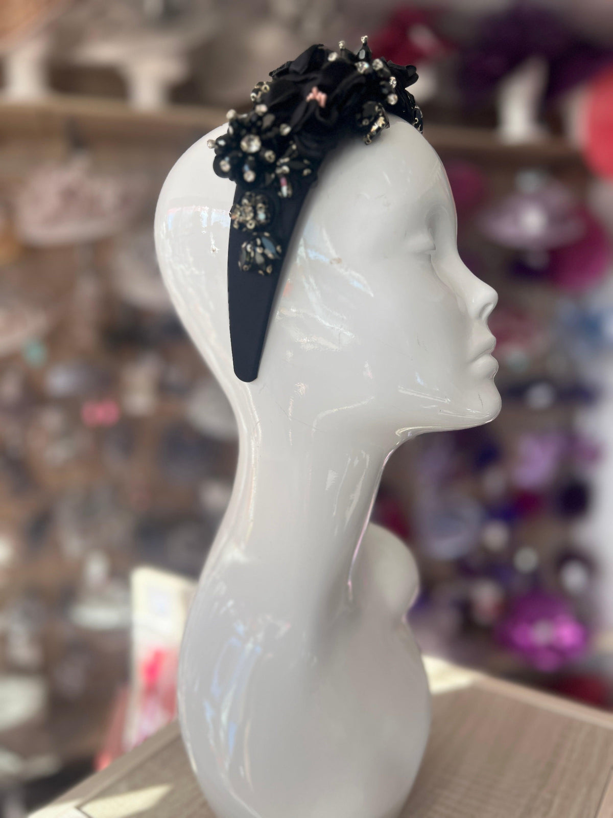 Black Flower Headband With Beads &amp; Diamantes-Fascinators Direct