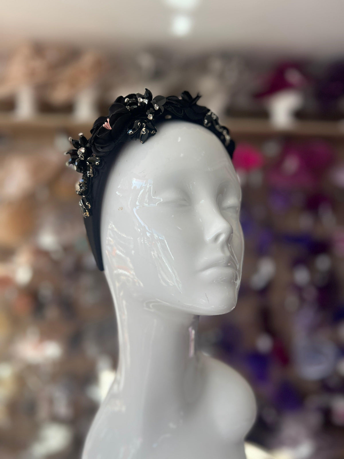 Black Flower Headband With Beads &amp; Diamantes-Fascinators Direct