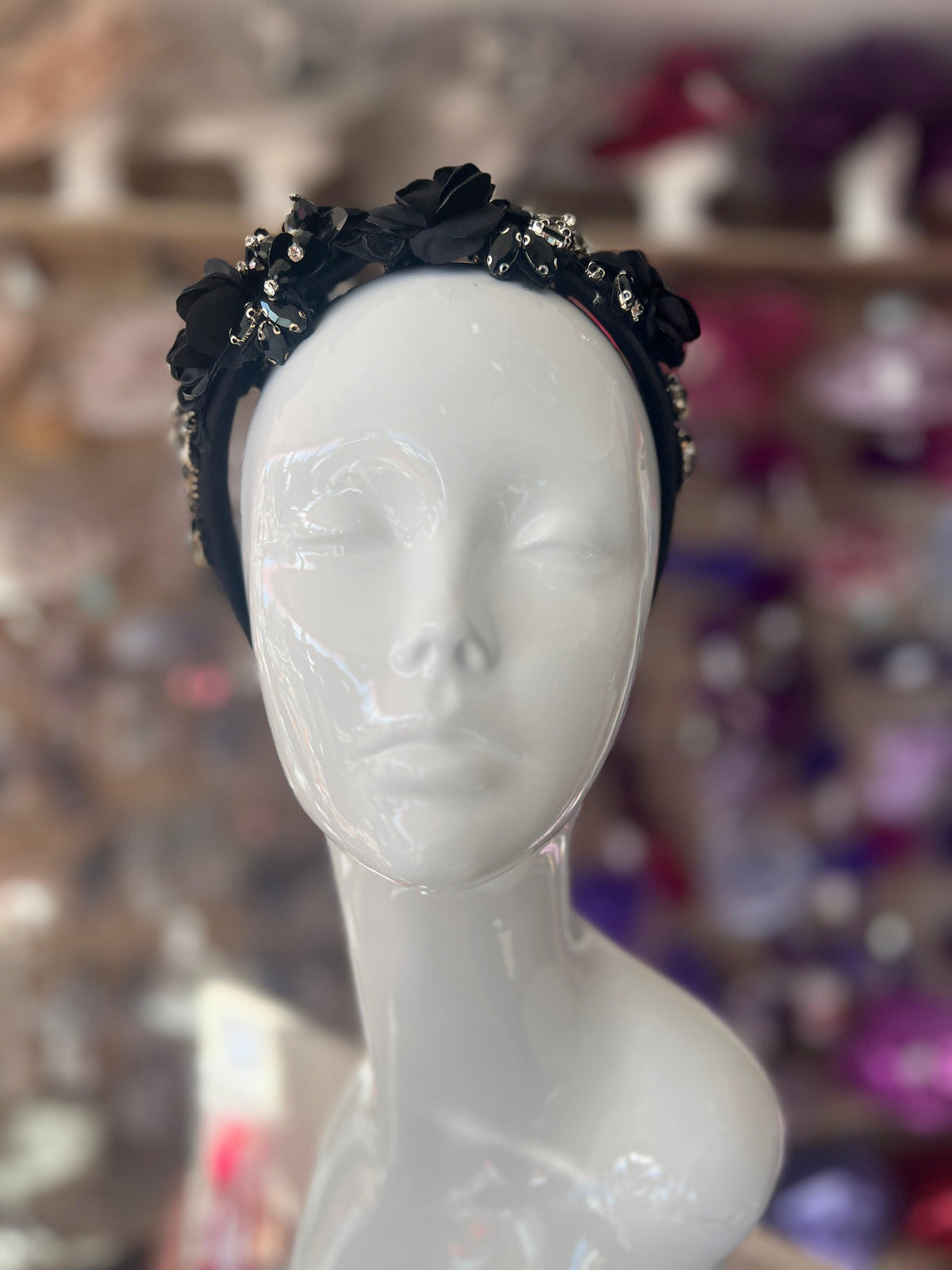 Black Flower Headband With Beads &amp; Diamantes-Fascinators Direct