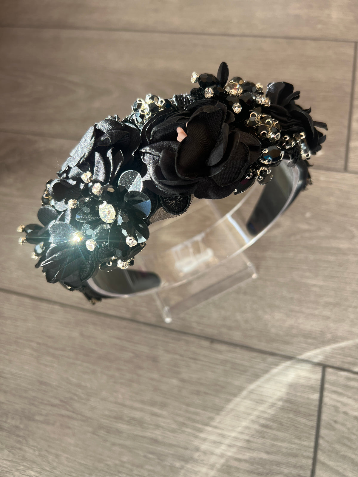 Black Flower Headband With Beads &amp; Diamantes-Fascinators Direct