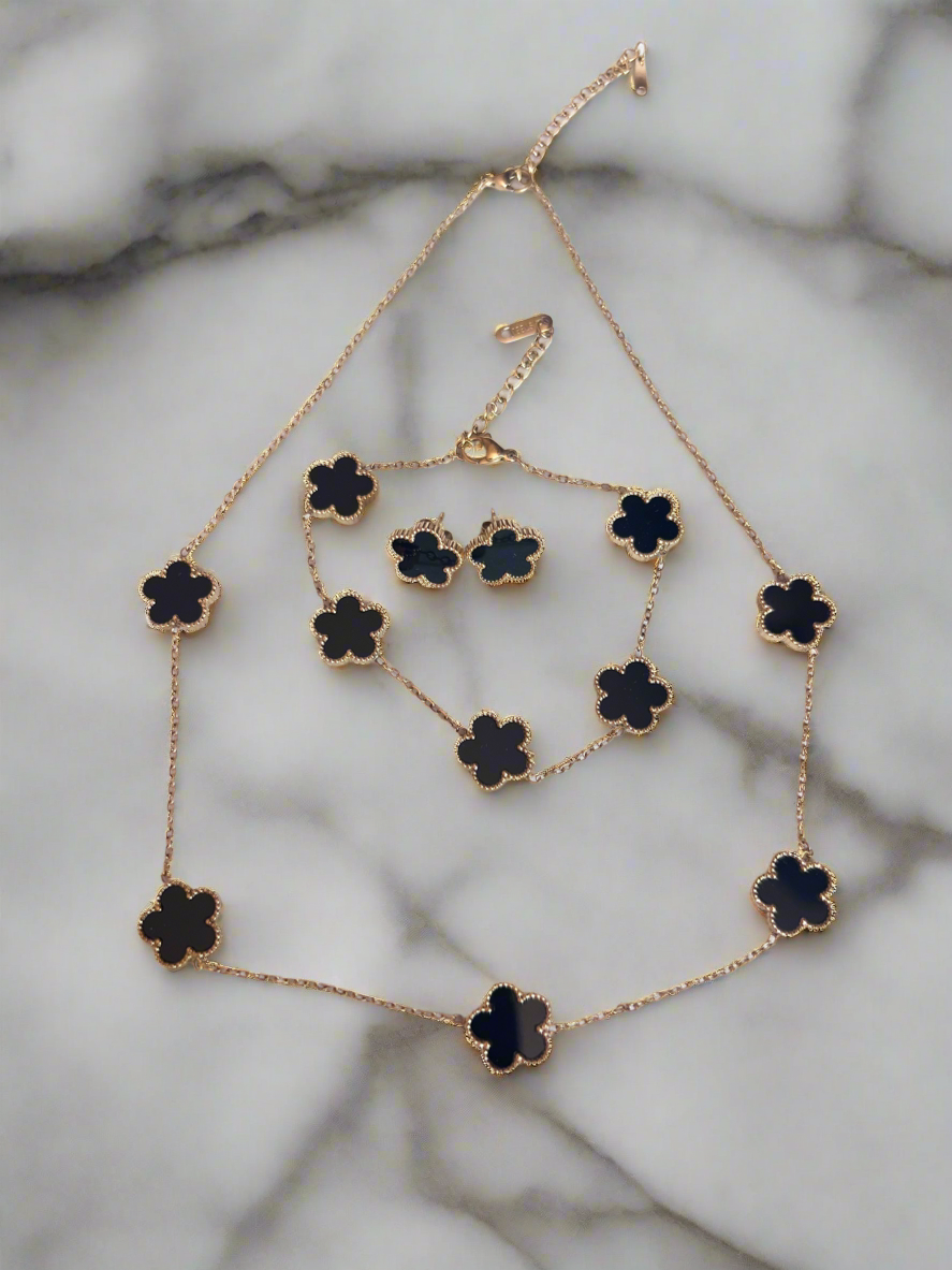 Black Flower Necklace ,Bracelet,Earrings Set-Fascinators Direct