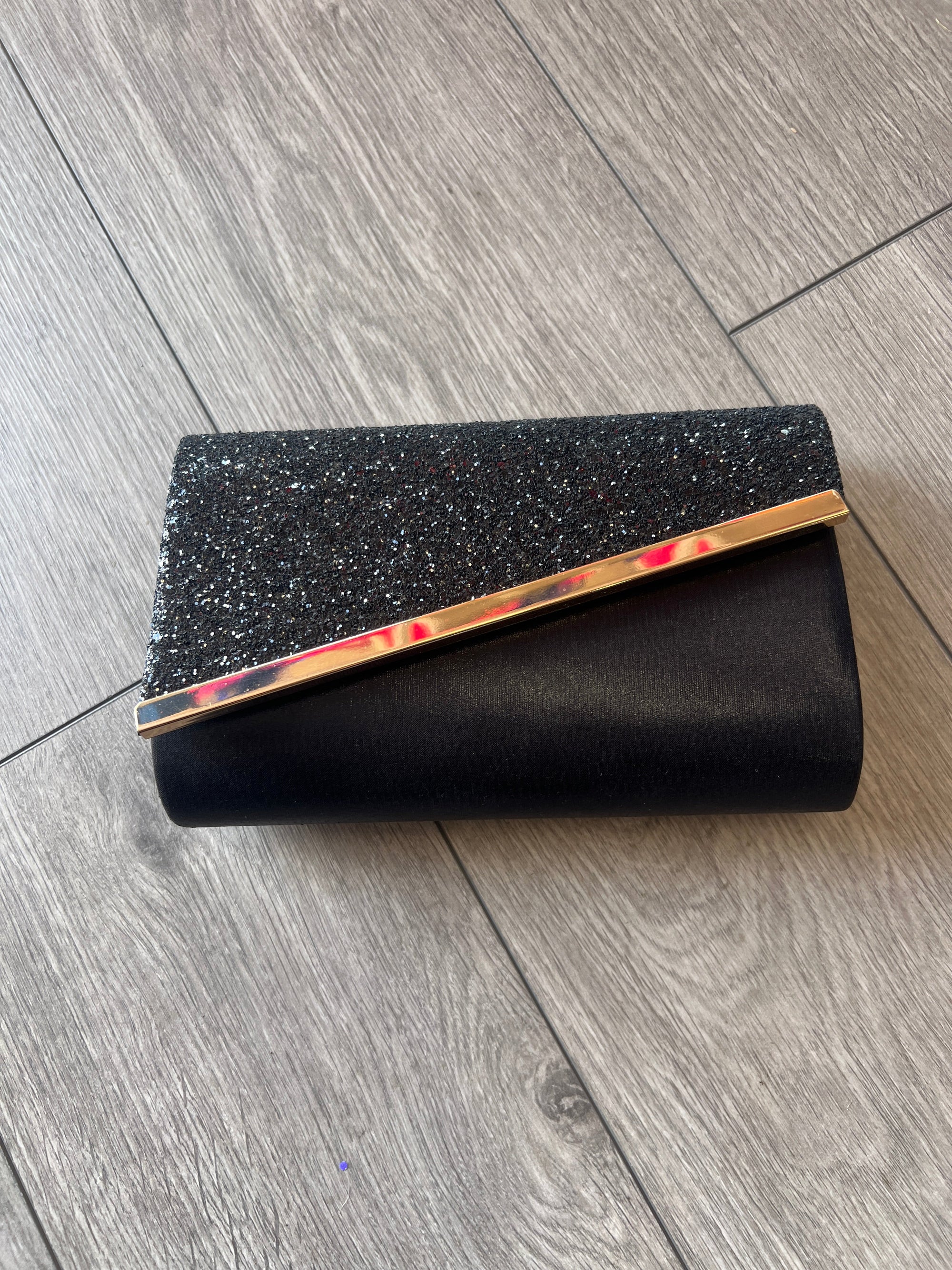 Black Glitter Clutch Bag With Gold Trim-Fascinators Direct