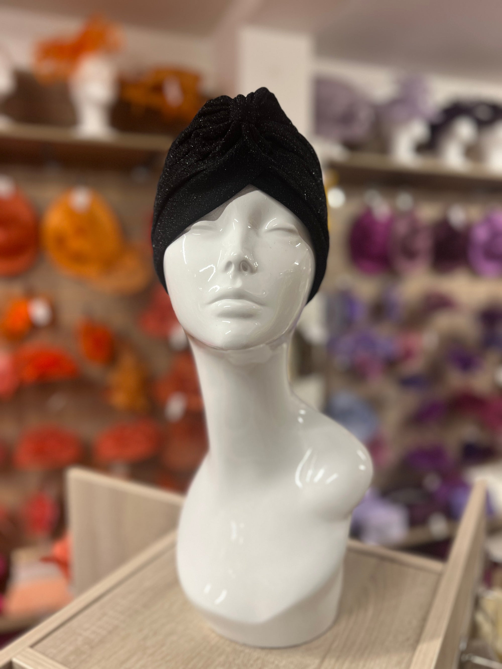 Black Glitter Turban Hat-Fascinators Direct