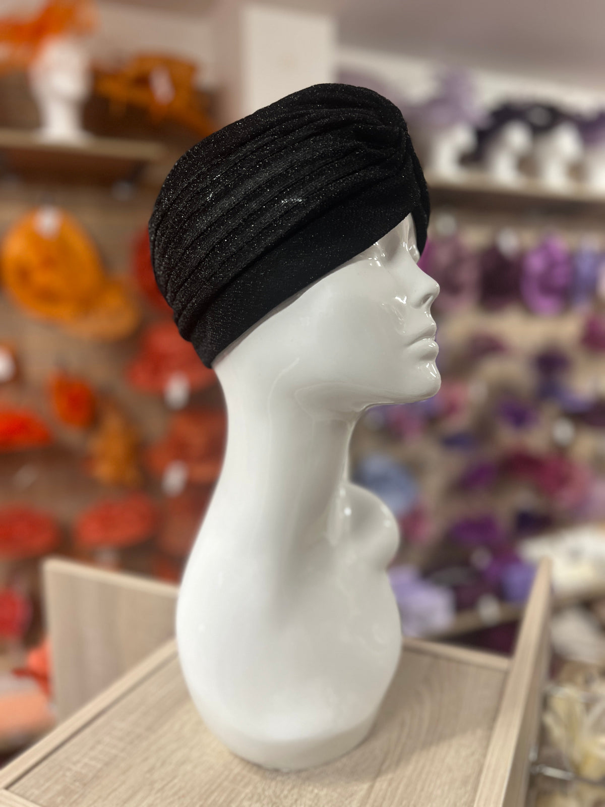 Black Glitter Turban Hat-Fascinators Direct