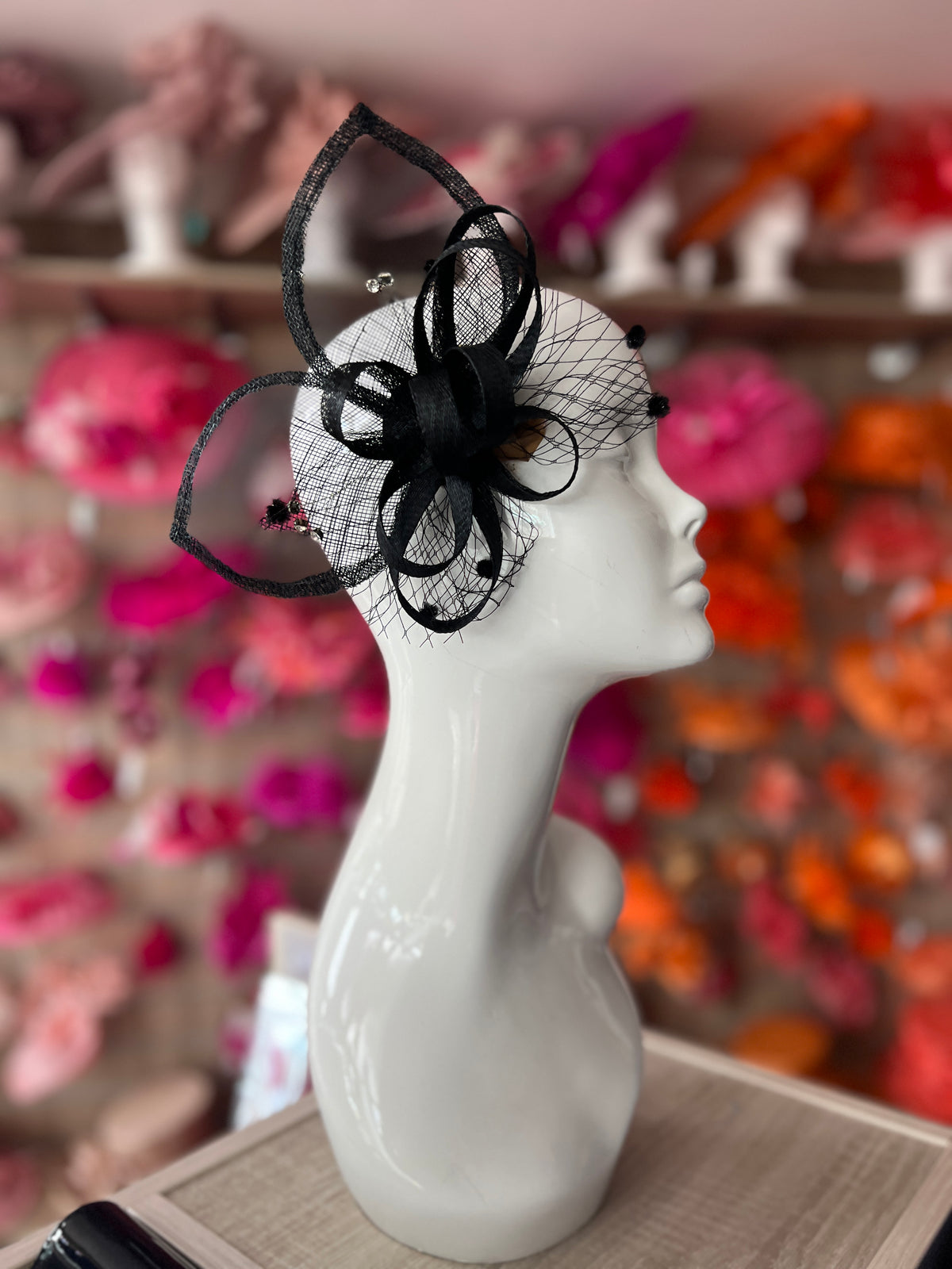 Black Hair Fascinator With Netting &amp; Diamantes-Fascinators Direct