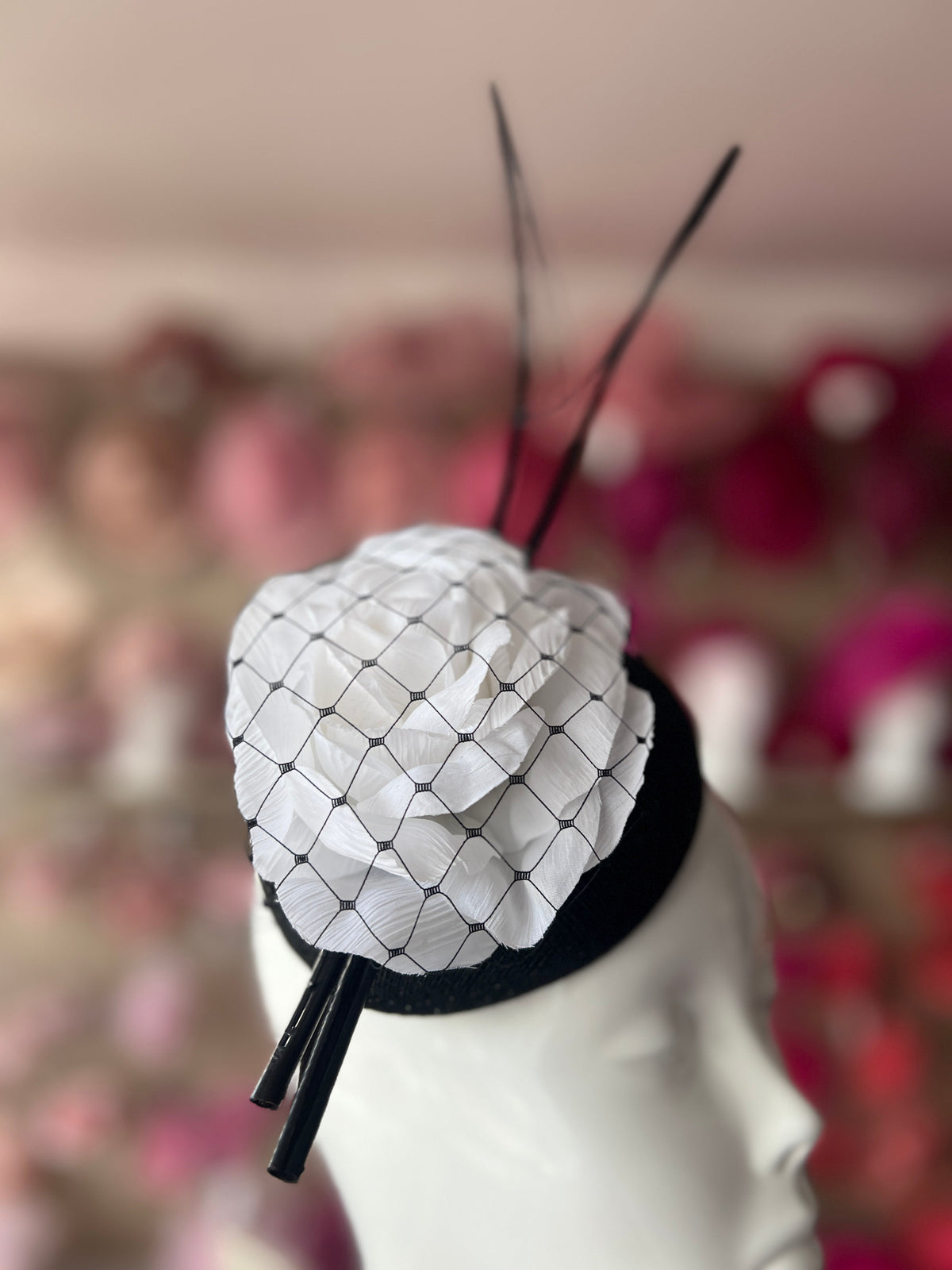 Black Hair Fascinator with White Flower &amp; Quills-Fascinators Direct