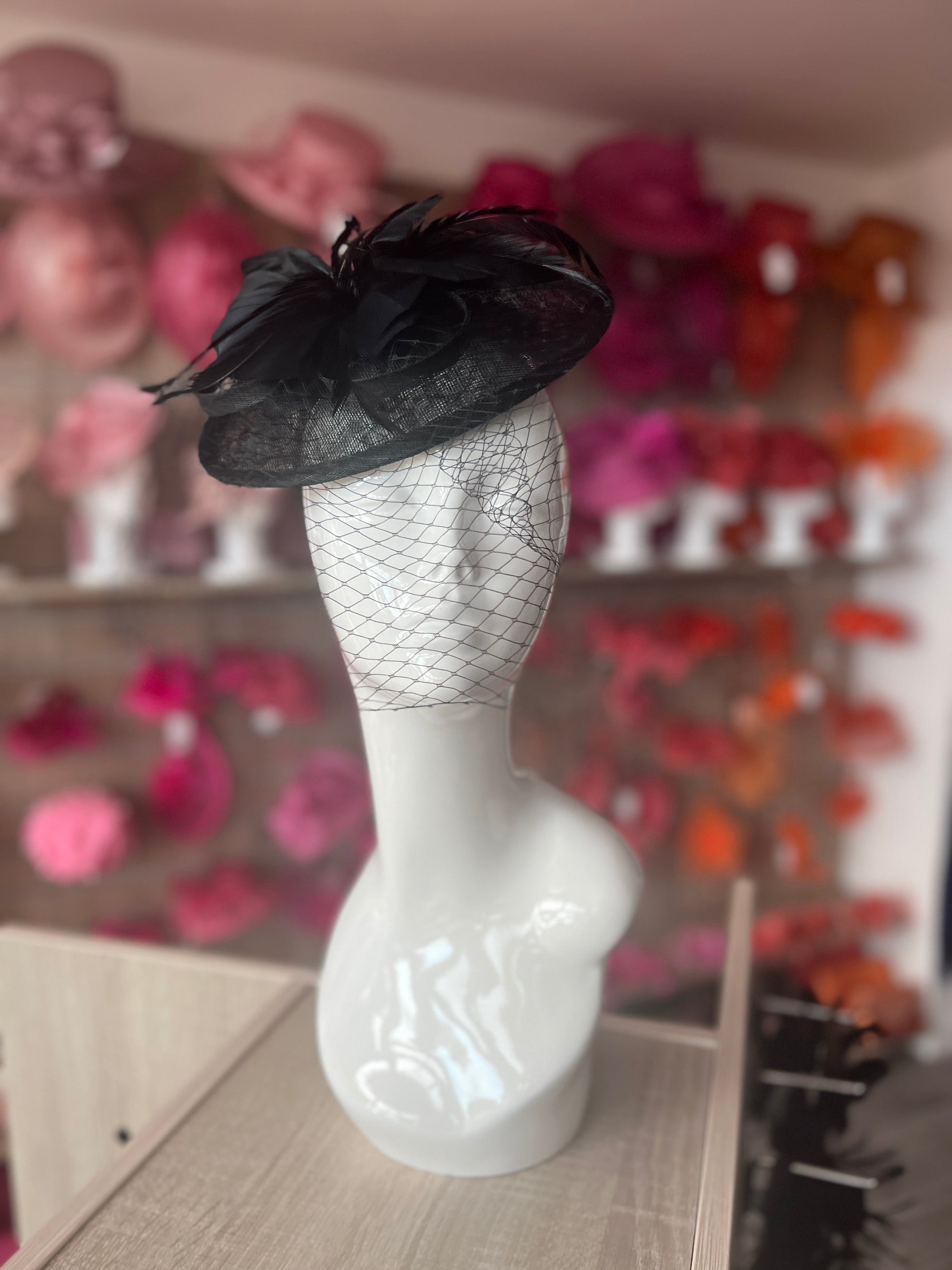 Black Hatinator With Feather Flower & Veil-Fascinators Direct