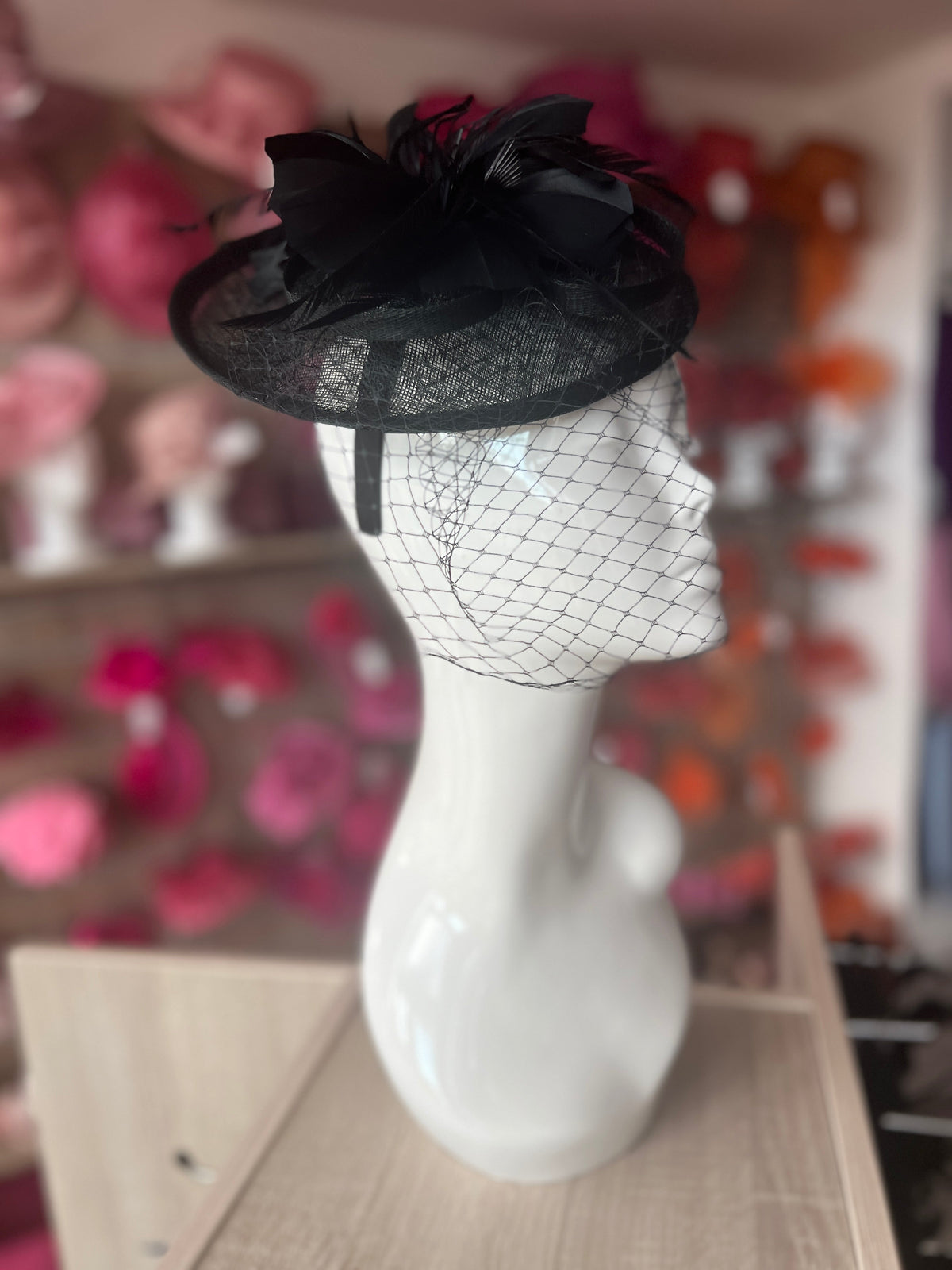 Black Hatinator With Feather Flower &amp; Veil-Fascinators Direct