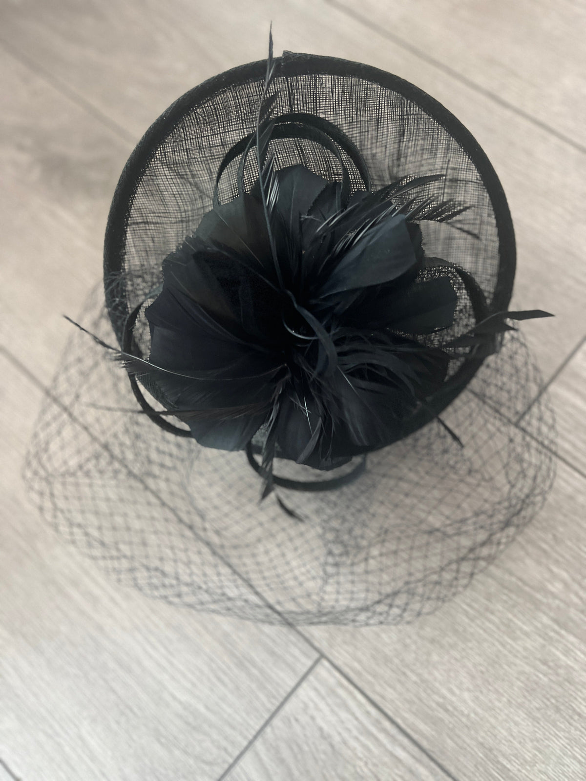 Black Hatinator With Feather Flower &amp; Veil-Fascinators Direct