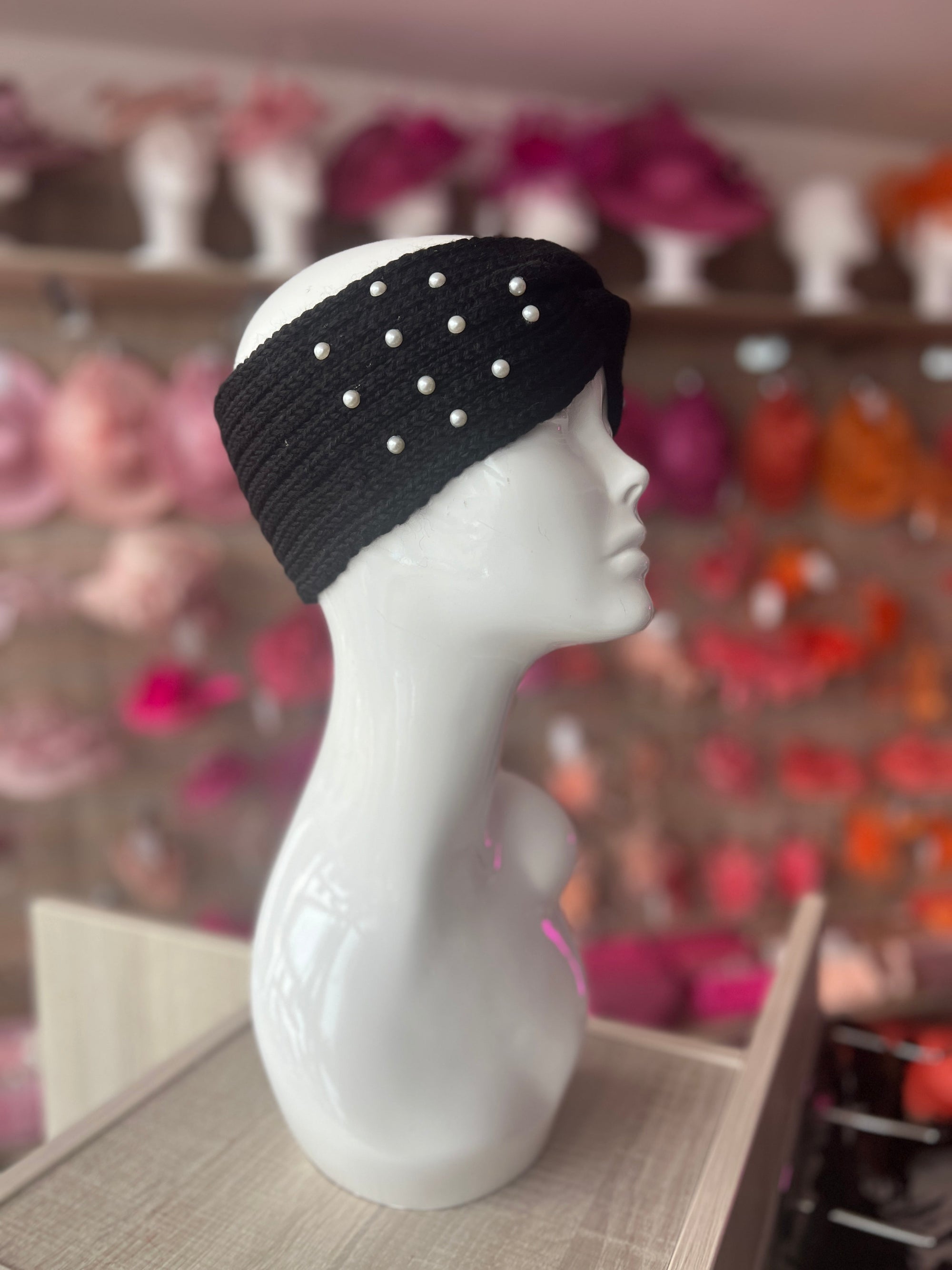 Black Knitted Headband Ear Warmer With Assorted Pearls-Fascinators Direct