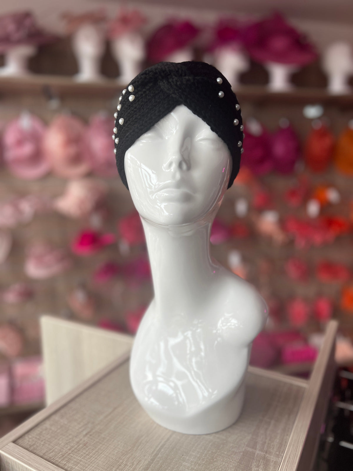 Black Knitted Headband Ear Warmer With Assorted Pearls-Fascinators Direct