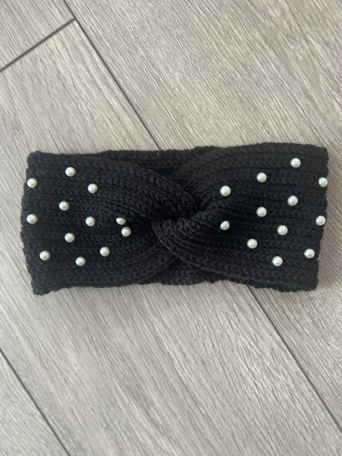 Black Knitted Headband Ear Warmer With Assorted Pearls-Fascinators Direct