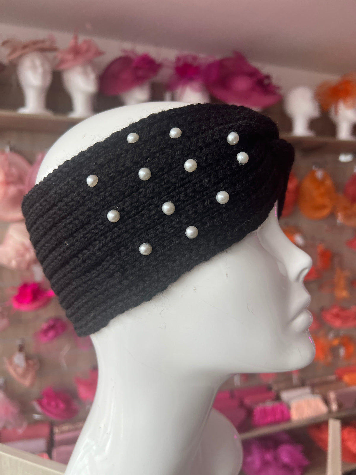 Black Knitted Headband Ear Warmer With Assorted Pearls-Fascinators Direct