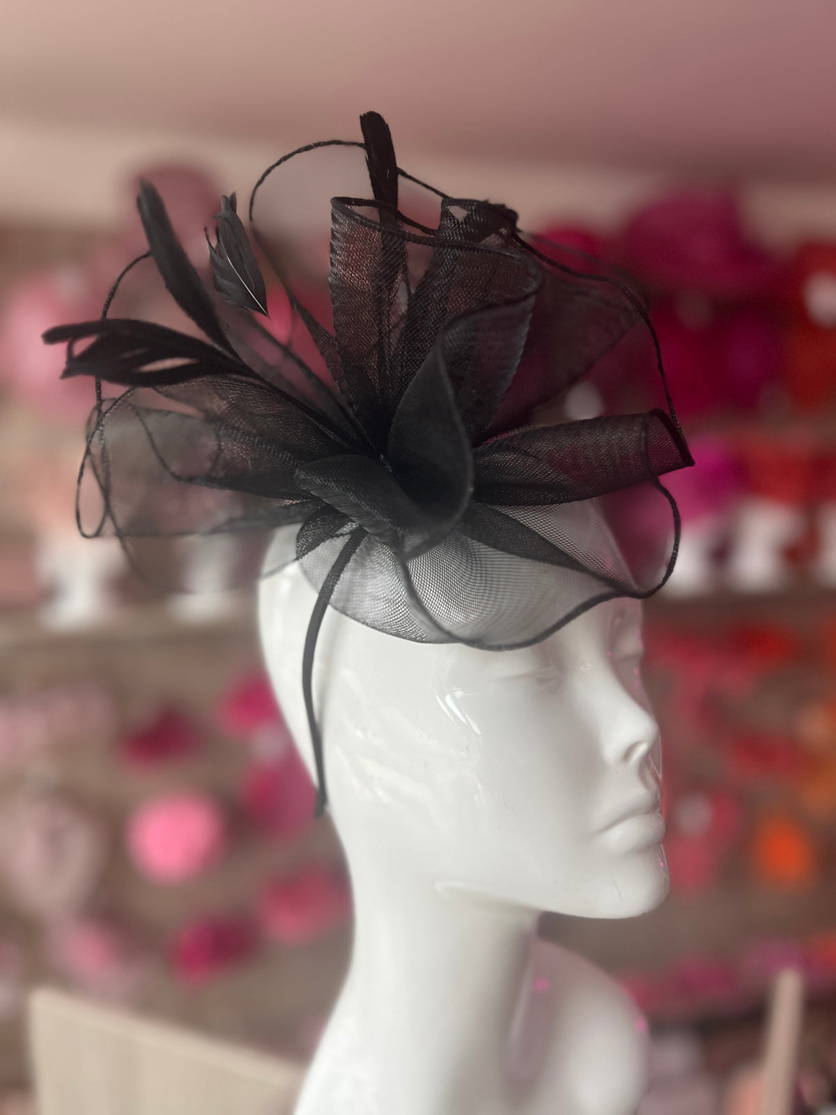 Black Large Fascinator Frilled Mesh with Feathers-Fascinators Direct