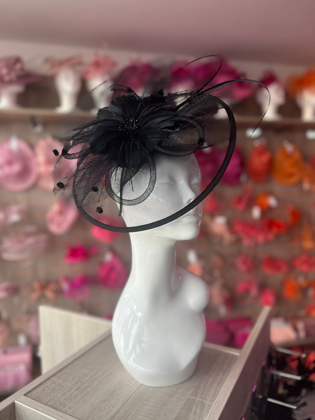 Black Large Fascinator With Feather Flower &amp; Netting-Fascinators Direct