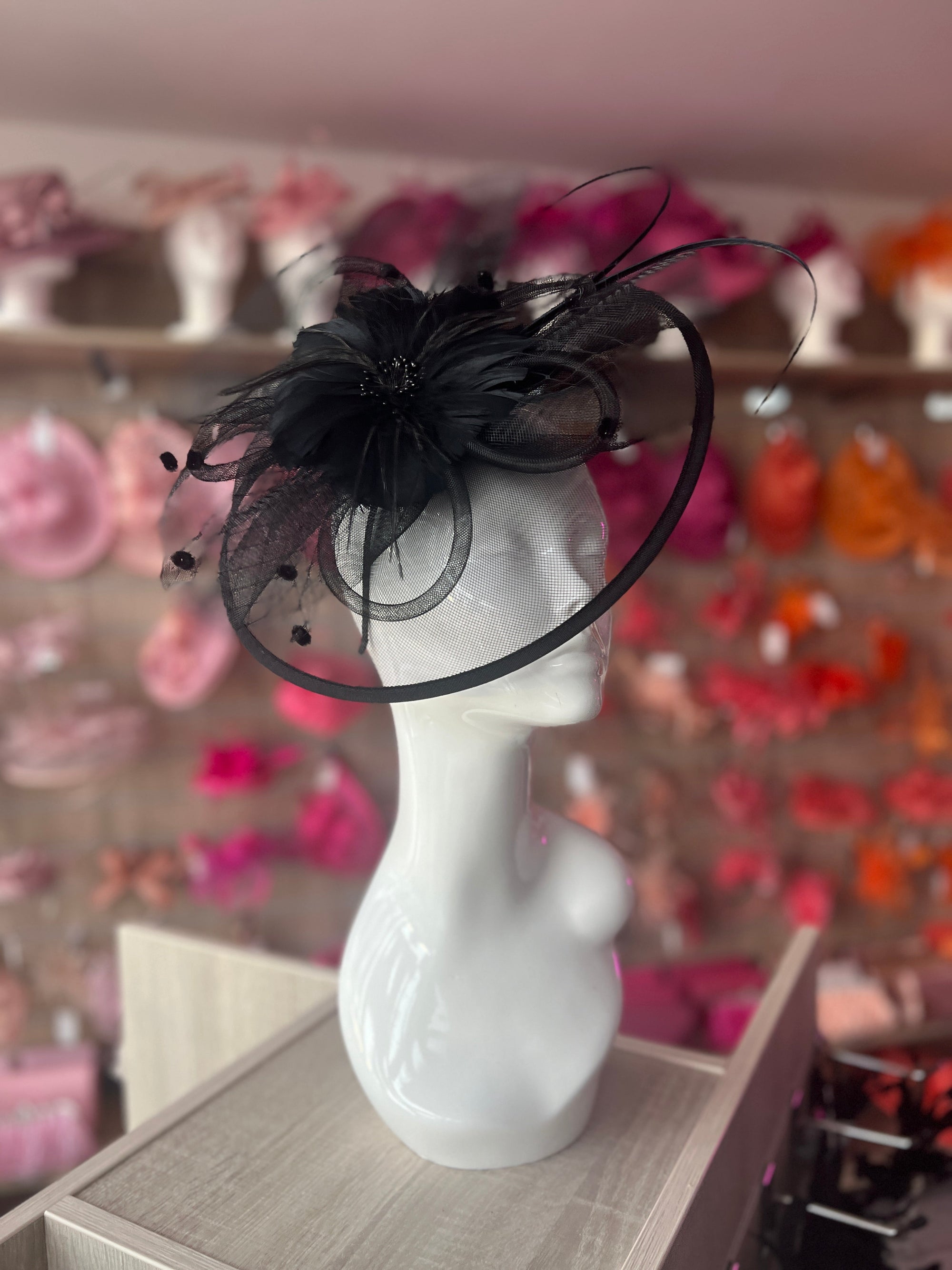 Black Large Fascinator With Feather Flower & Netting-Fascinators Direct