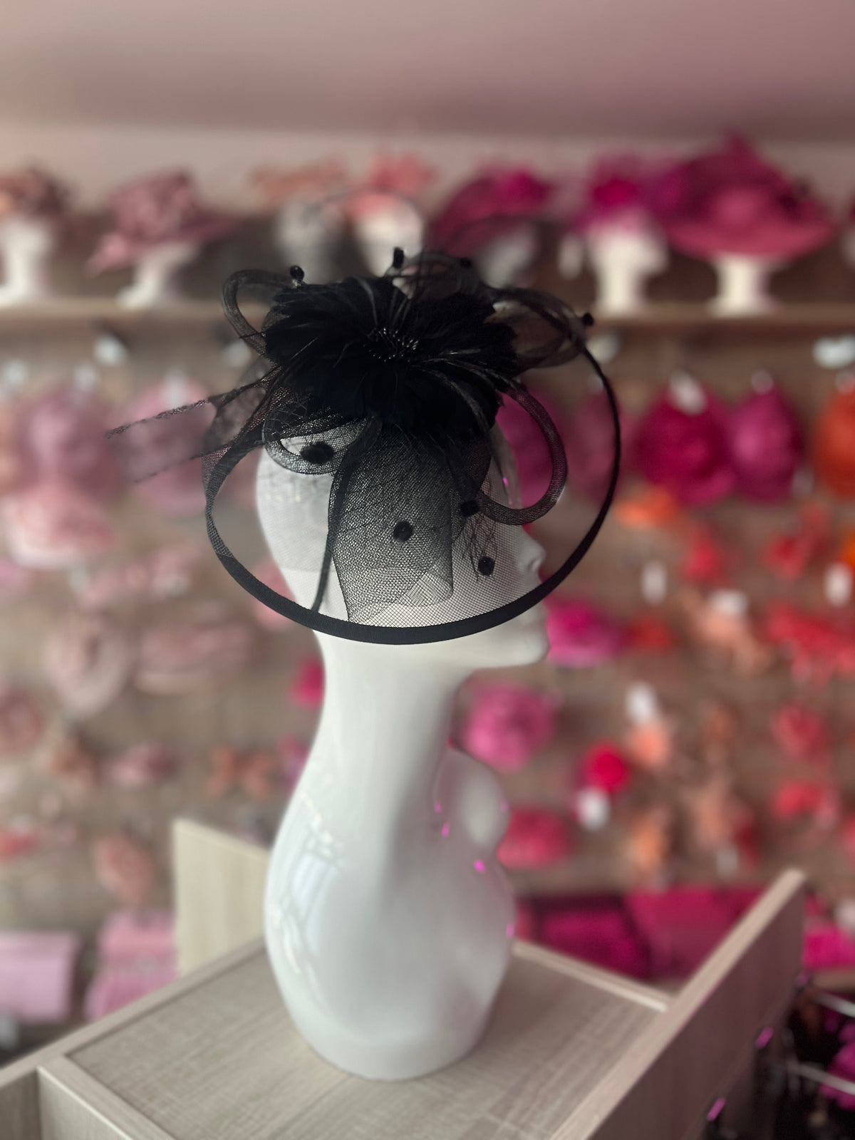 Black Large Fascinator With Feather Flower &amp; Netting-Fascinators Direct