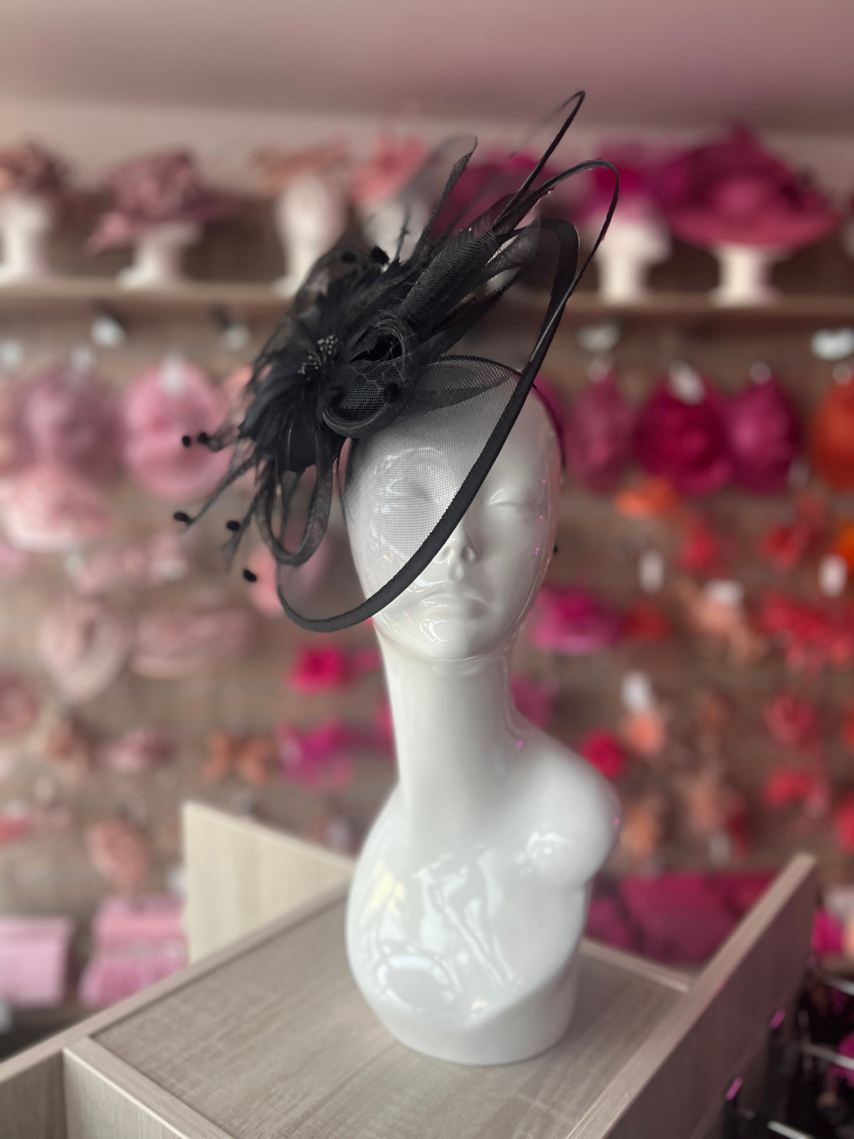 Black Large Fascinator With Feather Flower &amp; Netting-Fascinators Direct