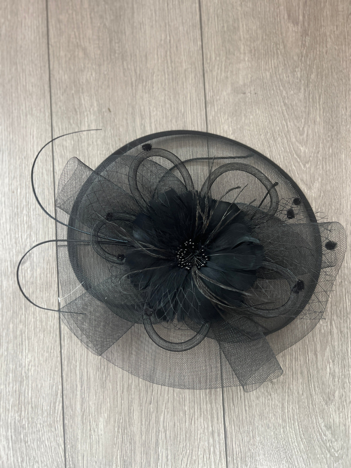 Black Large Fascinator With Feather Flower &amp; Netting-Fascinators Direct