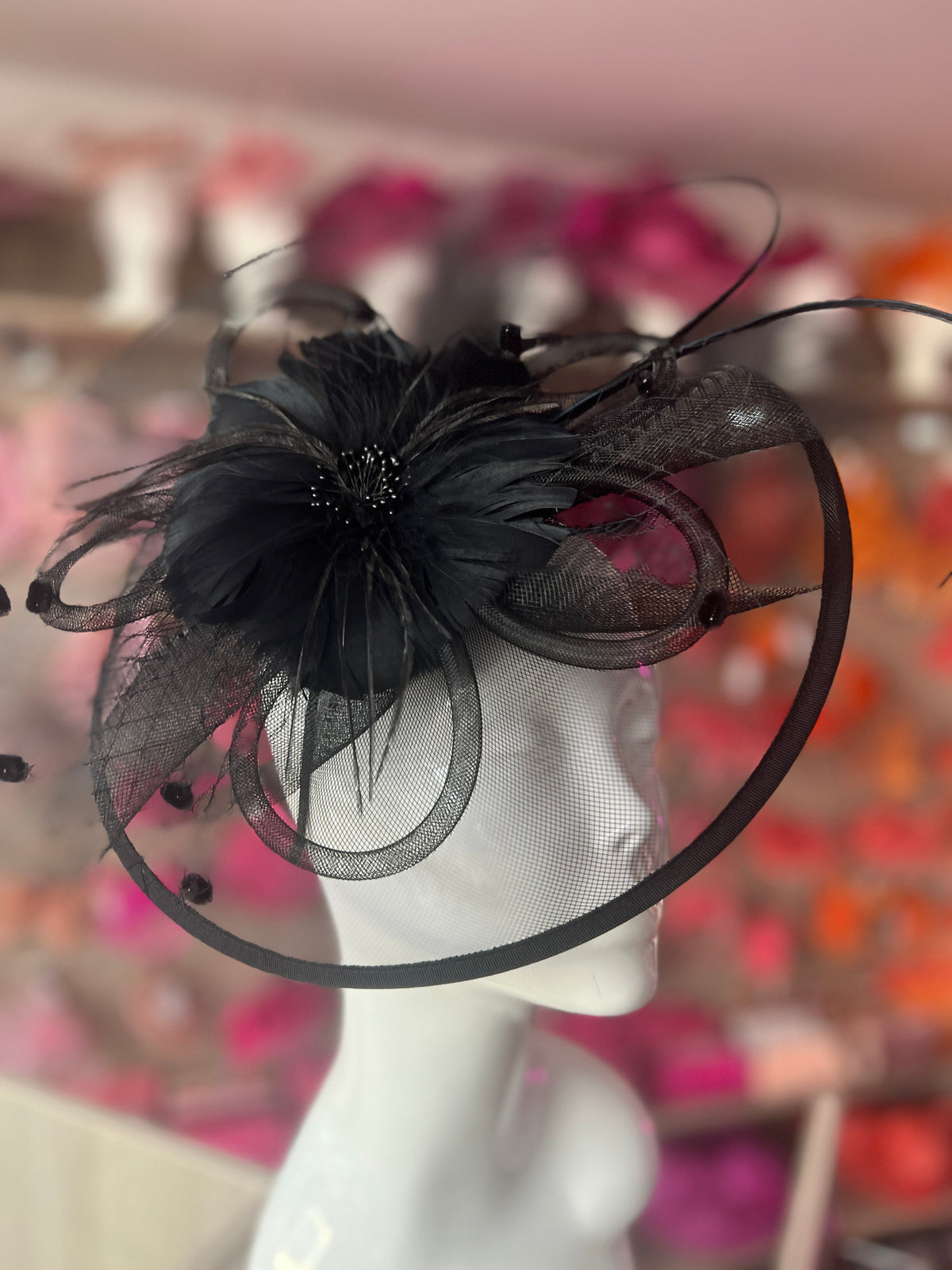 Black Large Fascinator With Feather Flower &amp; Netting-Fascinators Direct