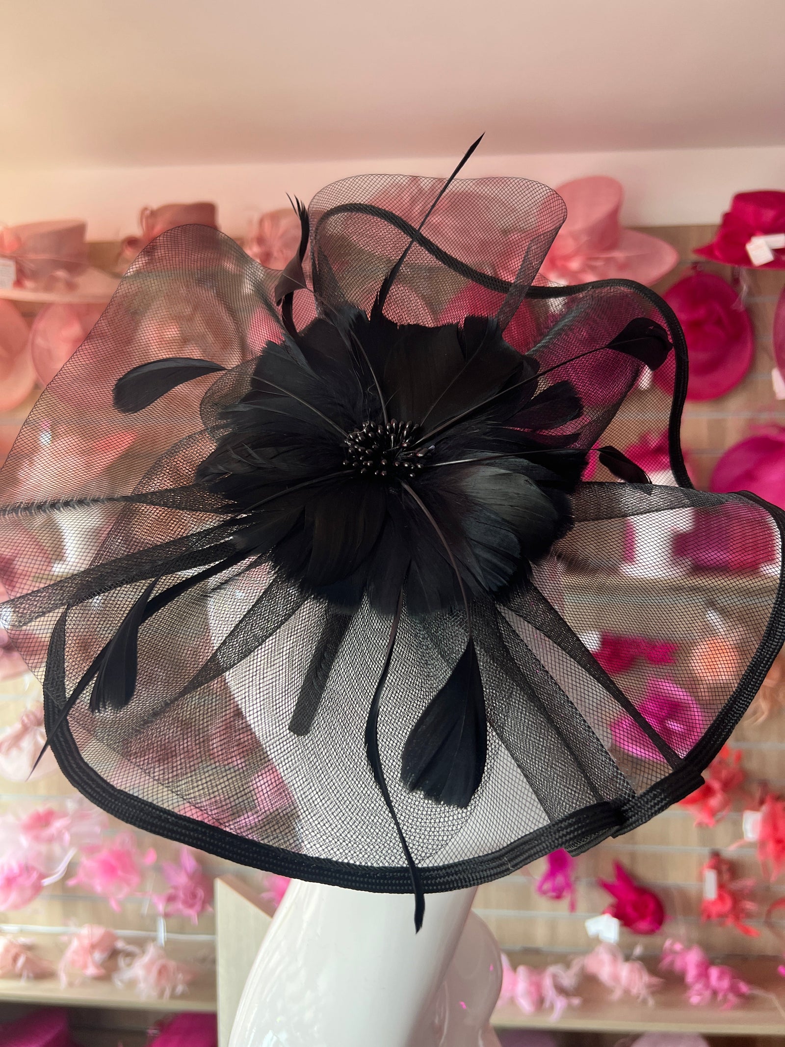 Black Large Fascinator with Ruched Crinoline & Flower-Fascinators Direct