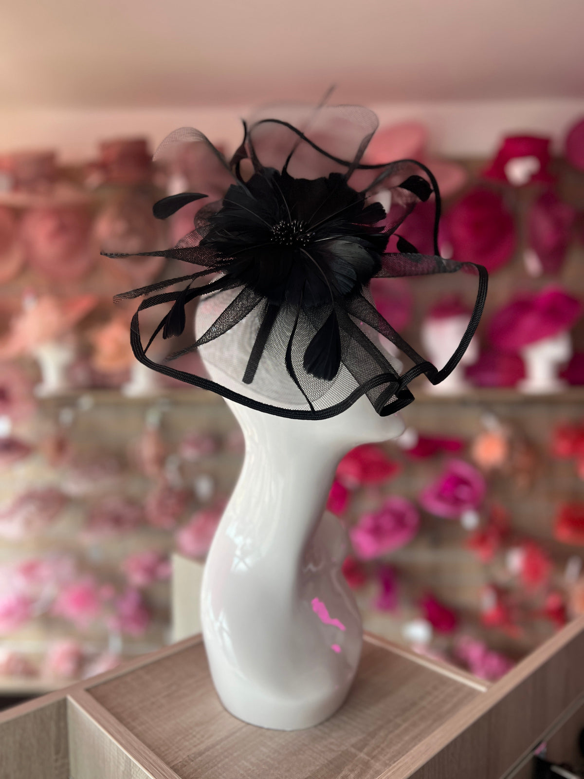 Black Large Fascinator with Ruched Crinoline &amp; Flower-Fascinators Direct