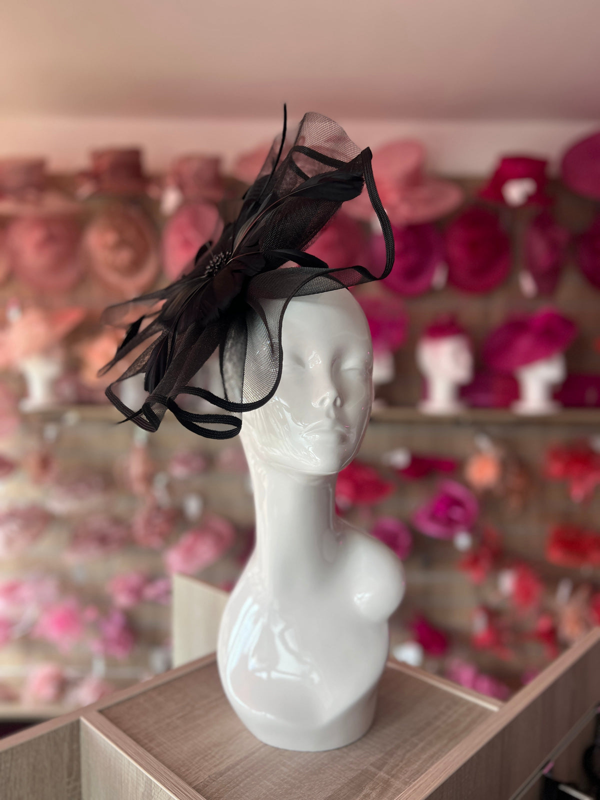 Black Large Fascinator with Ruched Crinoline &amp; Flower-Fascinators Direct