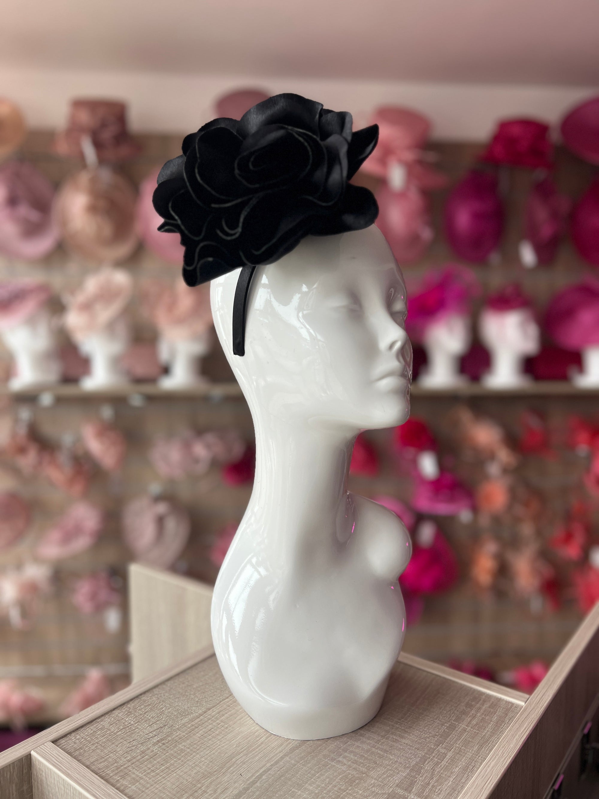 Black Large Satin Rose Flower Fascinator-Fascinators Direct