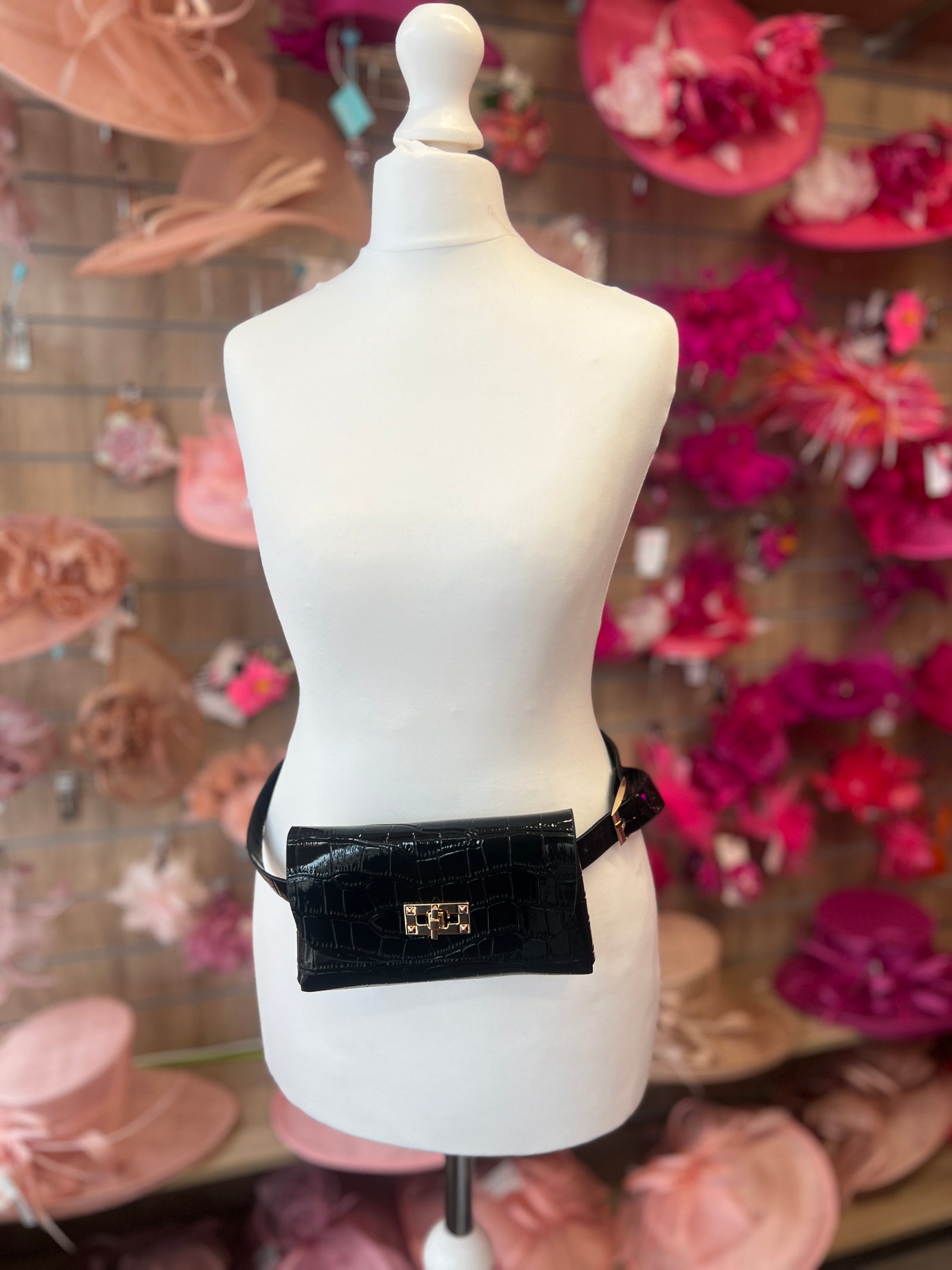 Black Mini Crocodile Embossed Belt Bag-Fascinators Direct