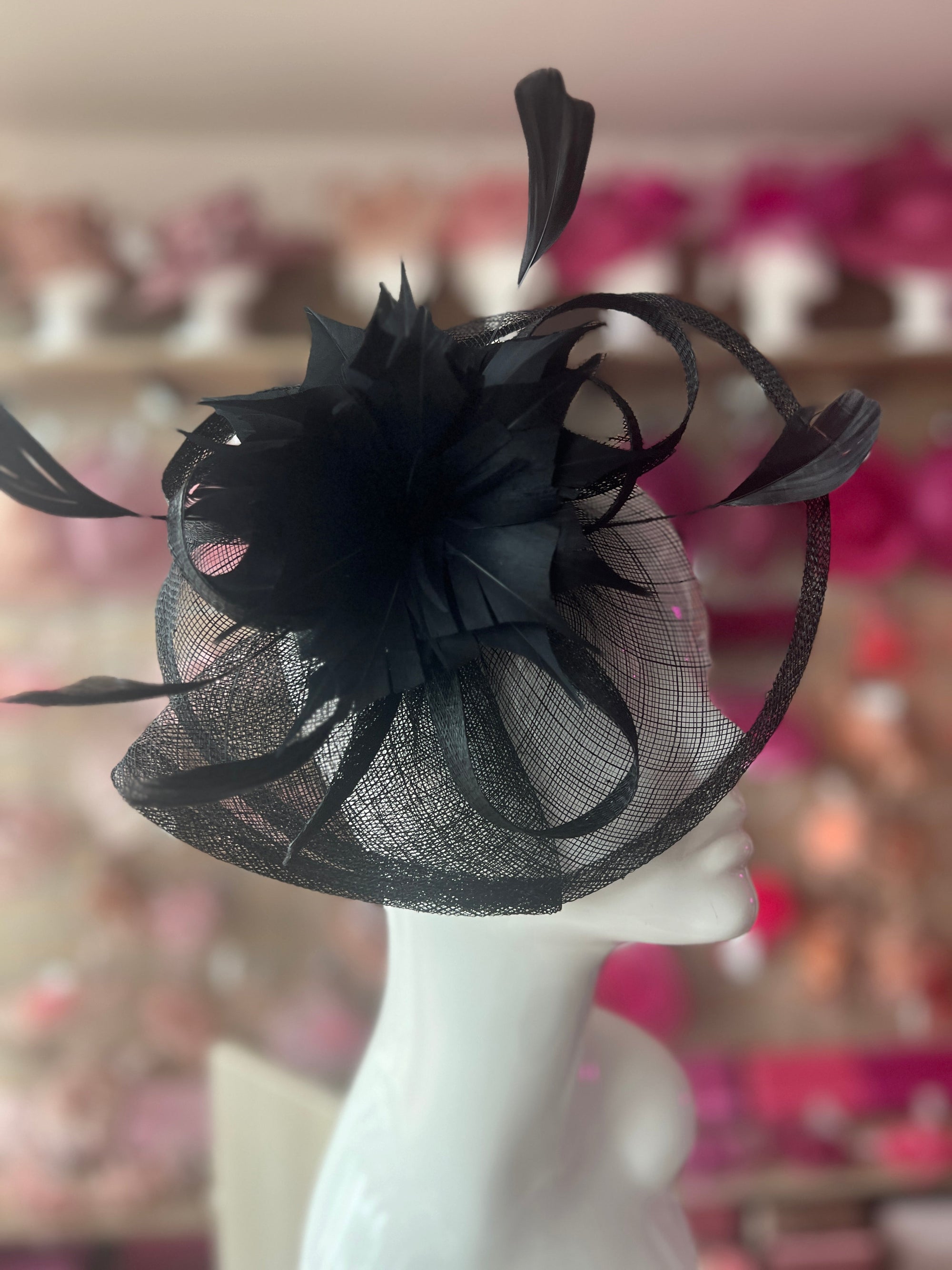 Black Oval Base Fascinator With Feather Flower-Fascinators Direct