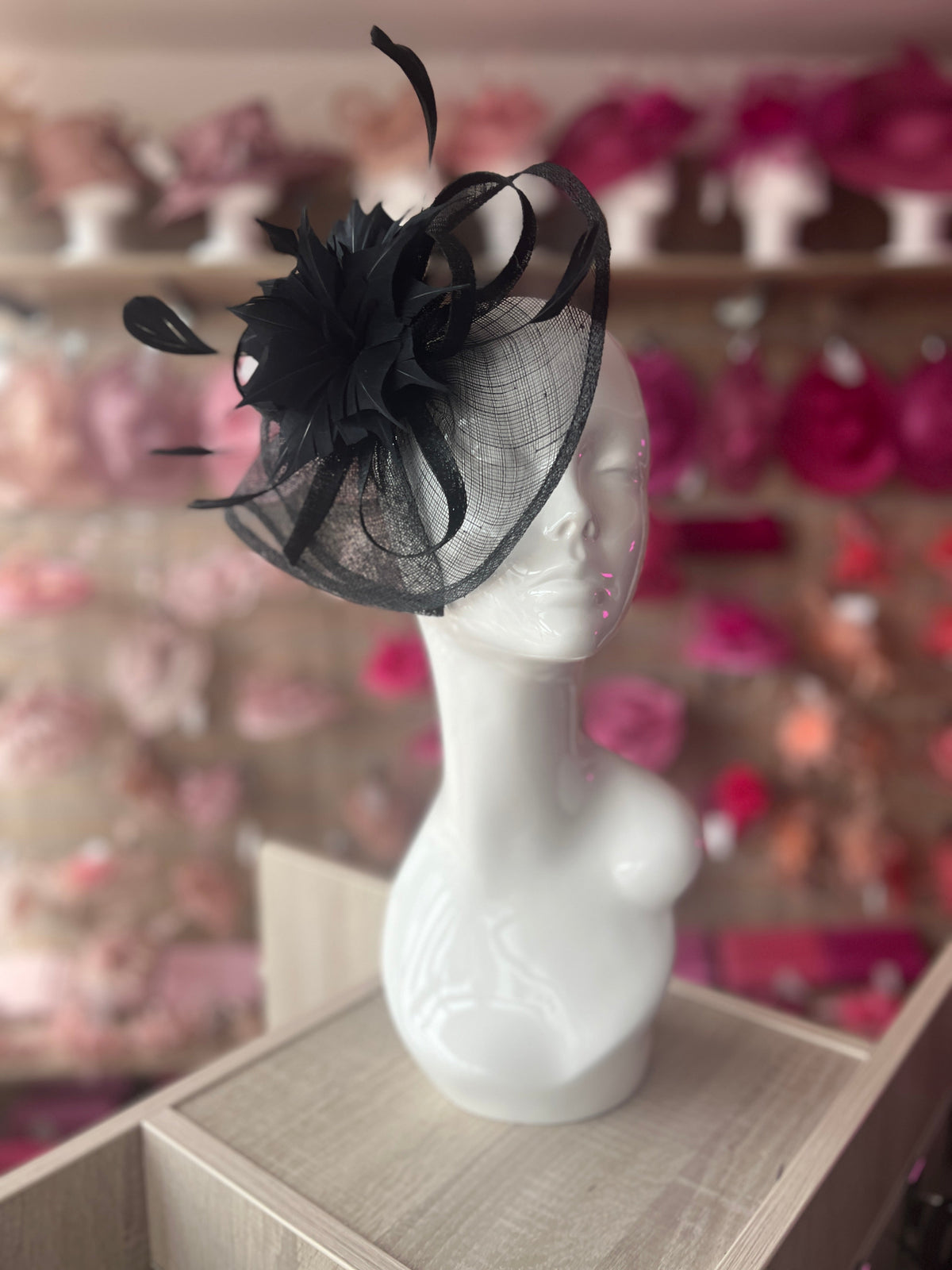 Black Oval Base Fascinator With Feather Flower-Fascinators Direct
