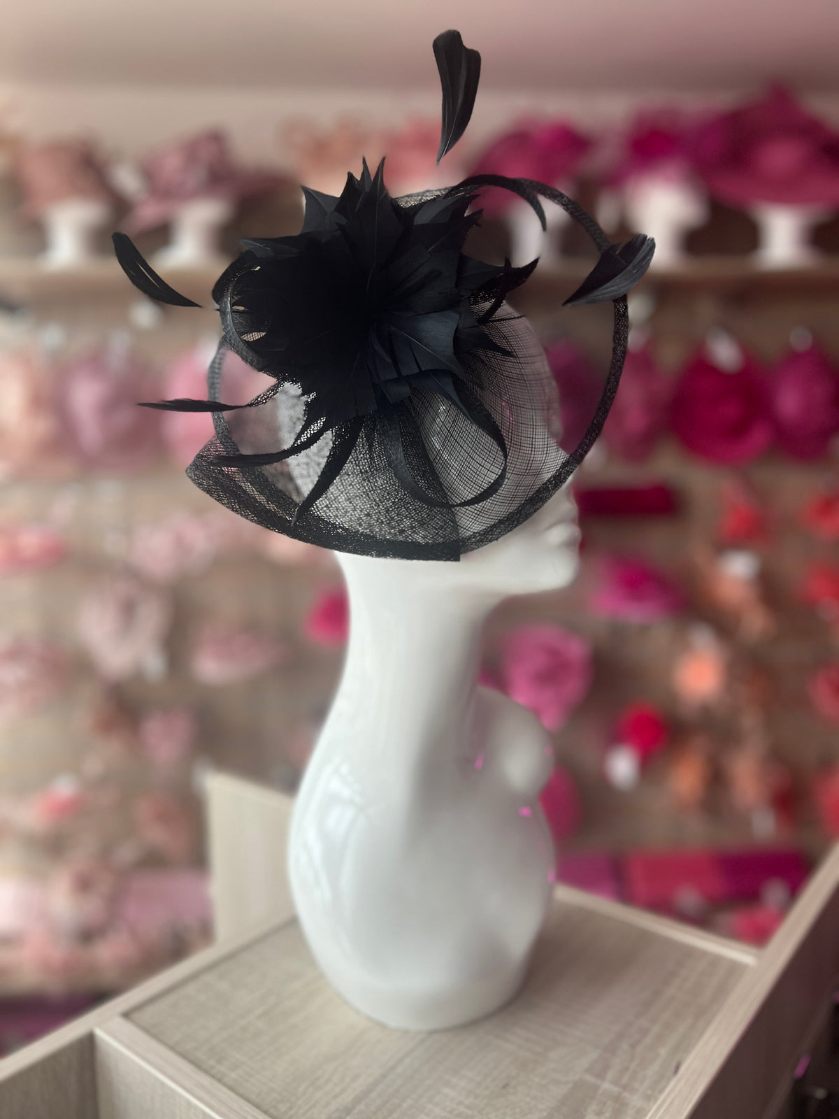 Black Oval Base Fascinator With Feather Flower-Fascinators Direct