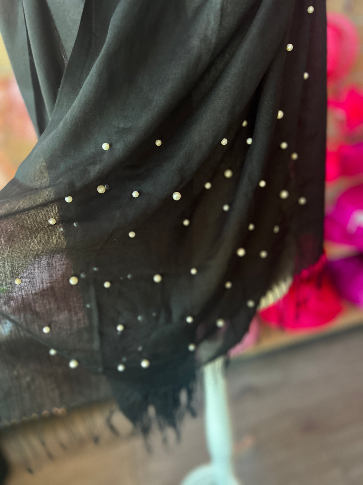 Black Pashmina Scarf With Pearl Detail-Fascinators Direct