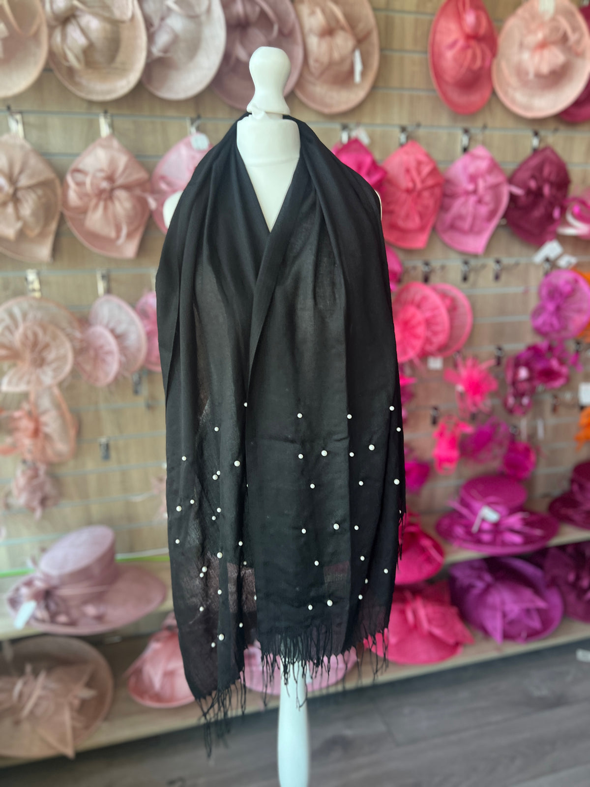 Black Pashmina Scarf With Pearl Detail-Fascinators Direct