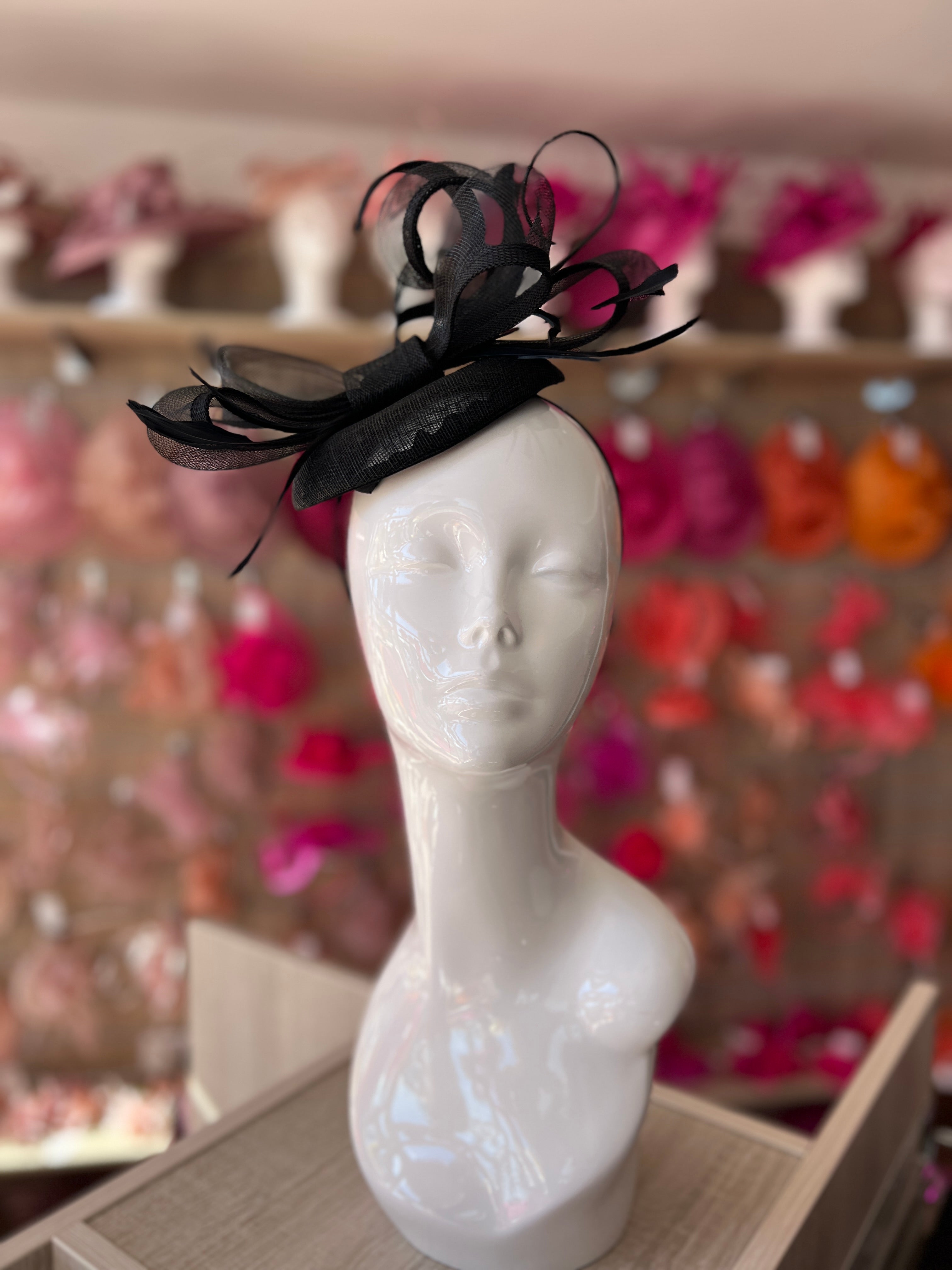 Black Pill Box Bow Feather Fascinator - Main Image