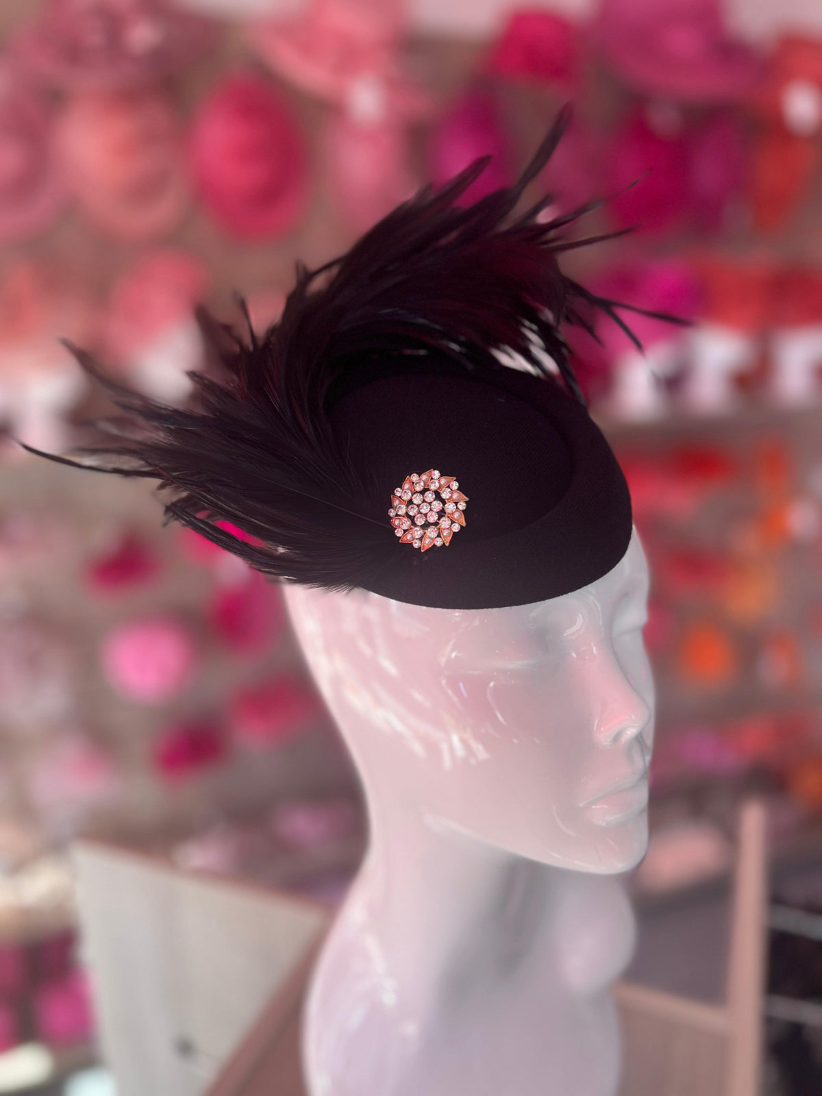 Black Pill Box Fascinator With Curled Feathers &amp; Diamante Embellishment-Fascinators Direct