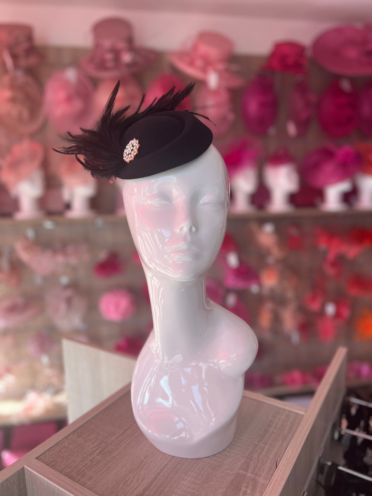 Black Pill Box Fascinator With Curled Feathers &amp; Diamante Embellishment-Fascinators Direct