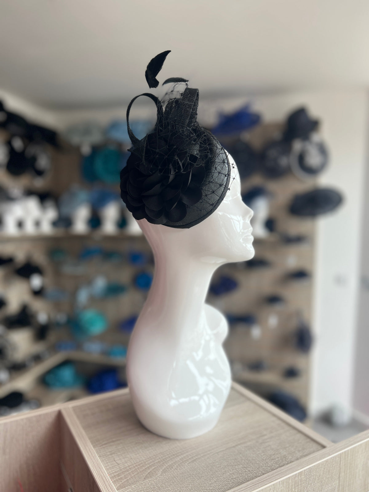 Black Pillbox Fascinator Hat with Dahlia Flower &amp; Netting-Fascinators Direct