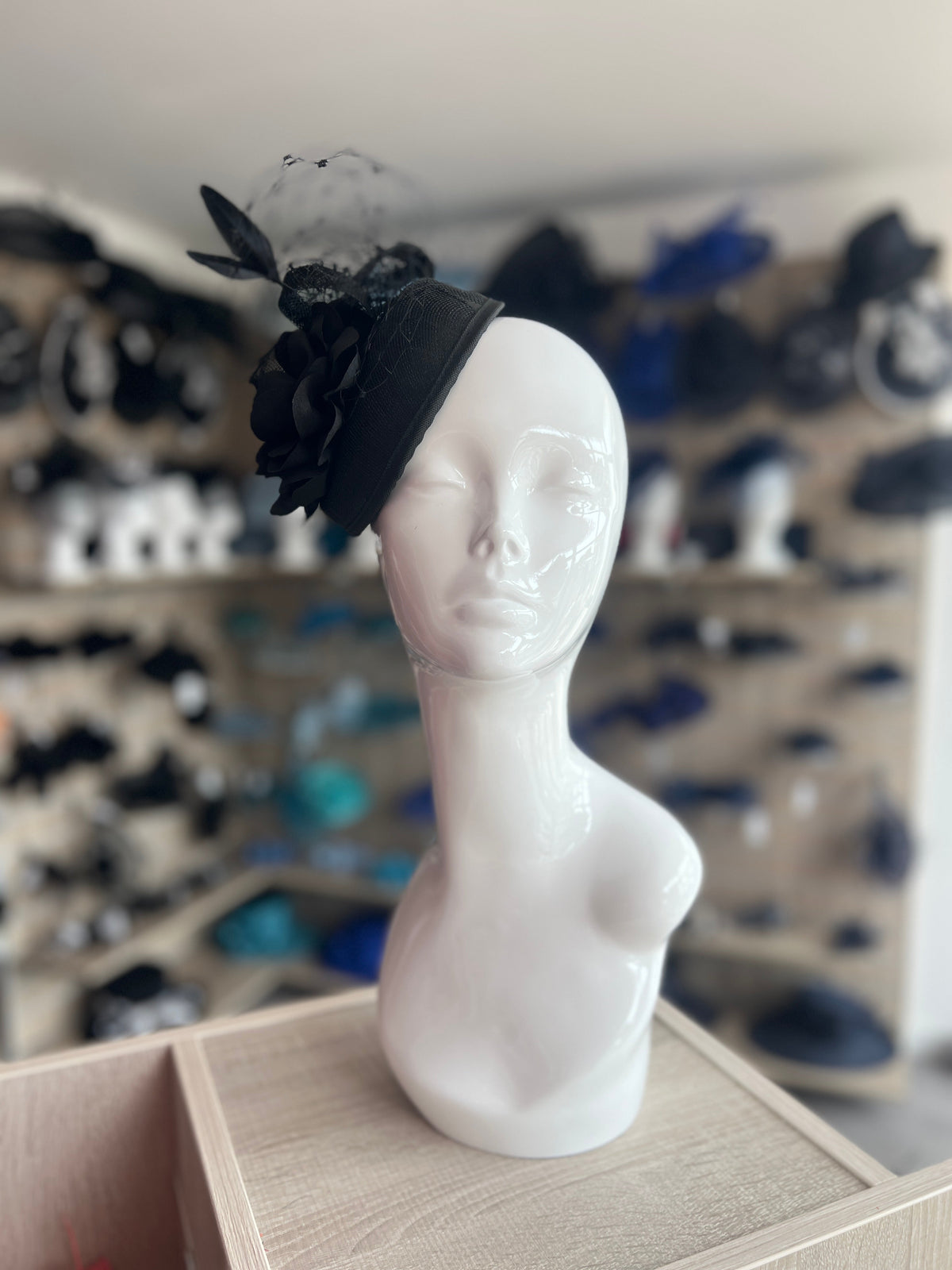 Black Pillbox Fascinator Hat with Dahlia Flower &amp; Netting-Fascinators Direct