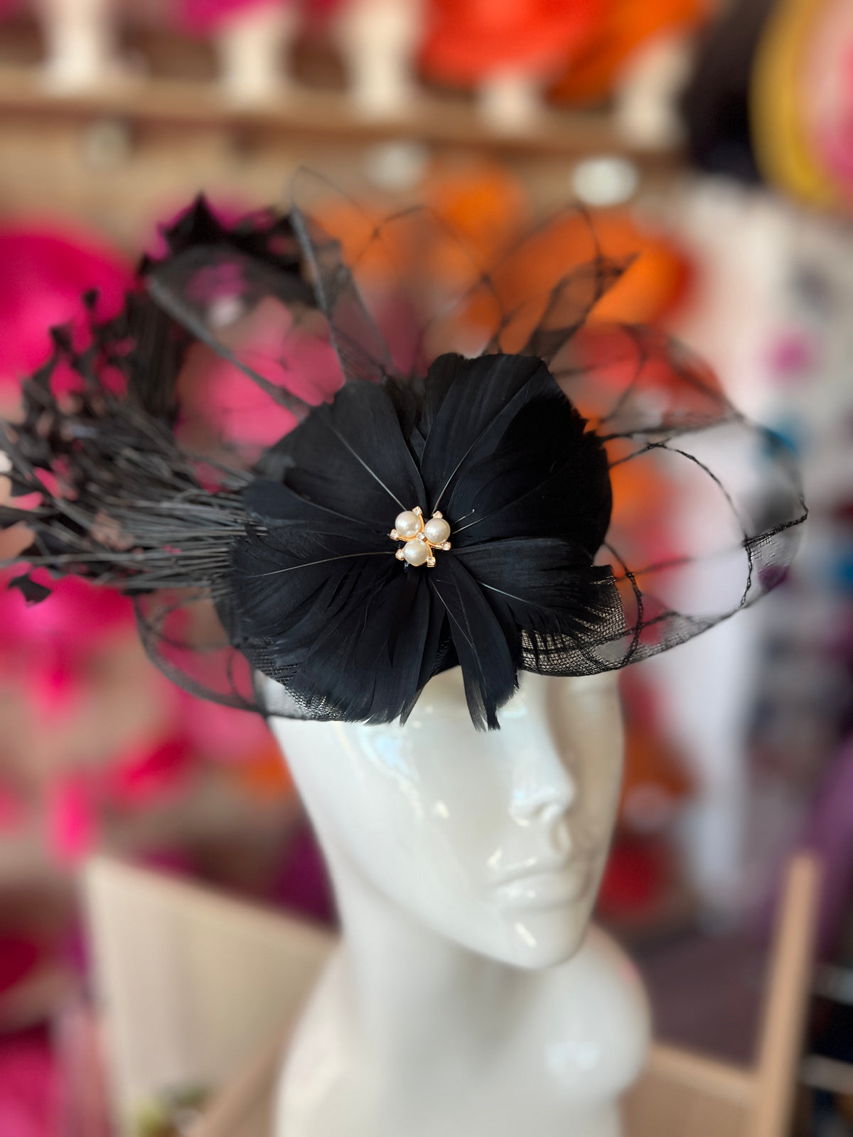 Black Pillbox Fascinator With An Array Of Feathers &amp; Feather Flower With Pearl Detail-Fascinators Direct